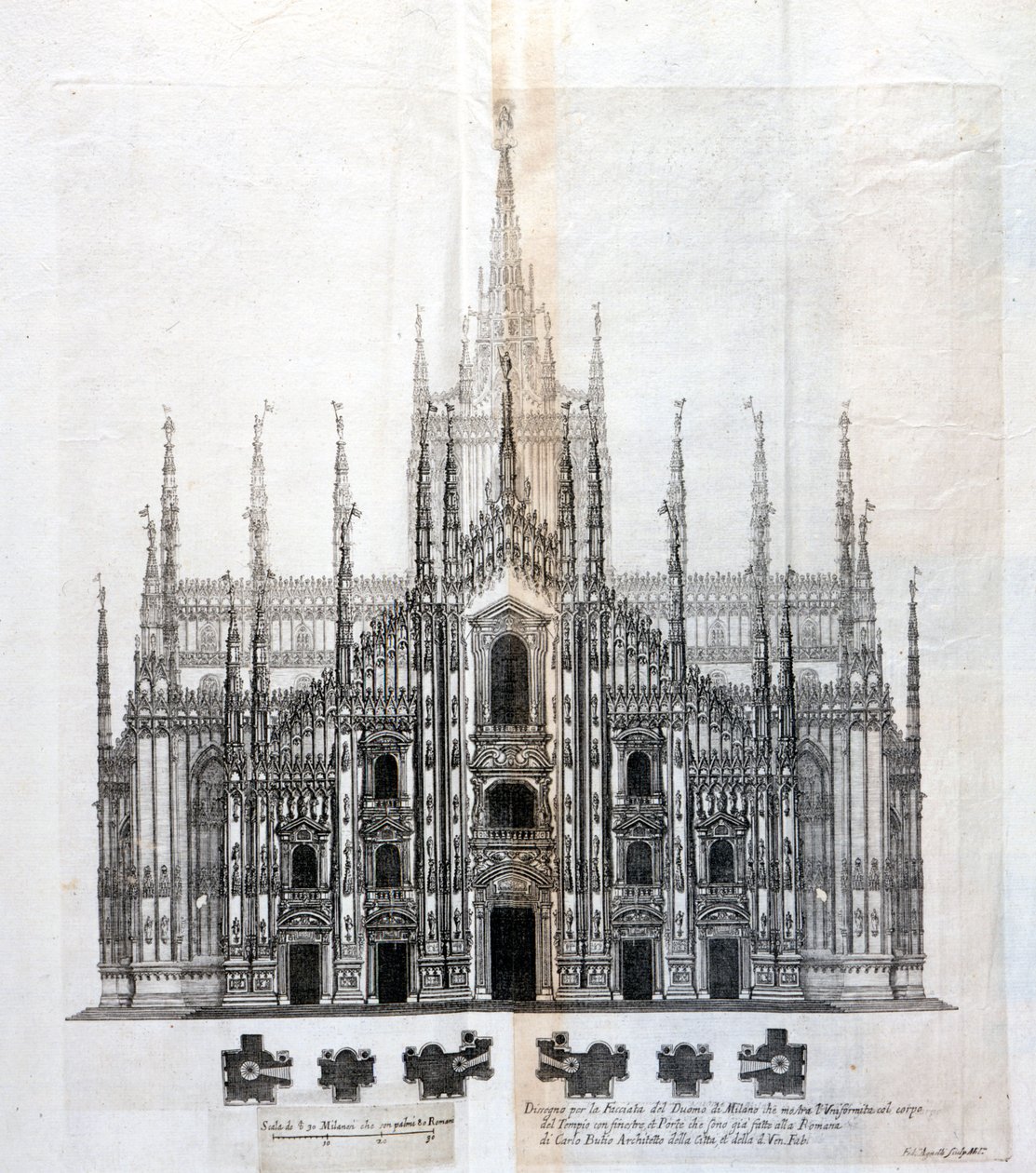 Zeichnung der Fassade des Doms von Mailand, die ihre Einheit mit dem Gebäude zeigt. Viele architektonische Projekte wurden um das 17. Jahrhundert herum entworfen, um die Fassade zu vervollständigen, die unvollendet geblieben war von Unknown artist