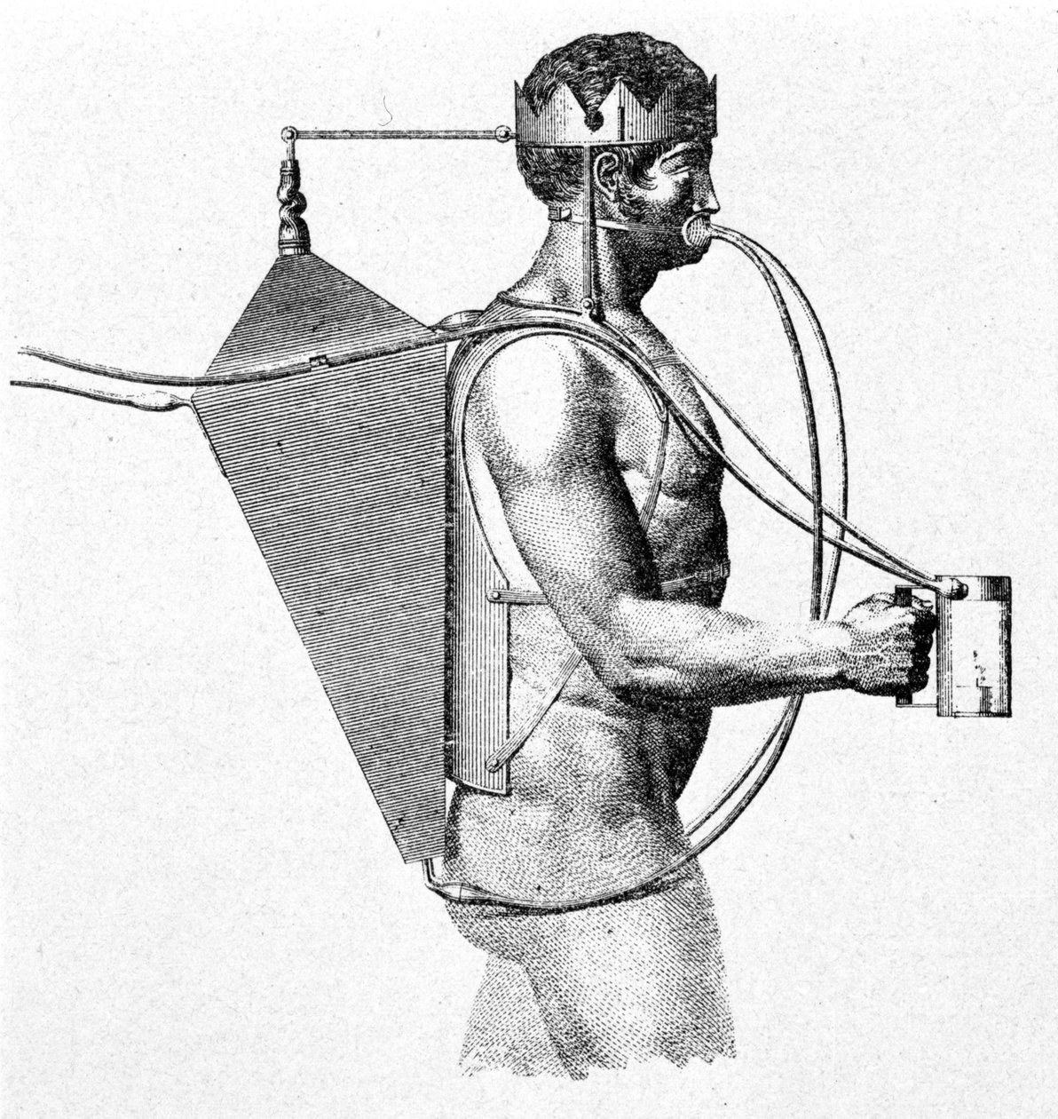 Driebergs Skaphander-Projekt von 1802, bekannt als der Triton. Die Luft gelangt direkt in den Mund des Mannes von Unknown artist