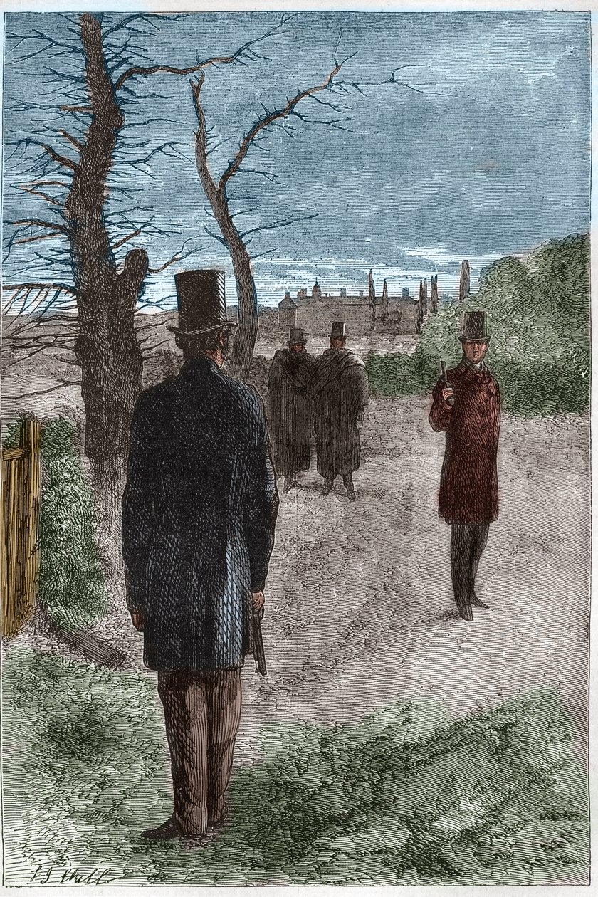 Duell zwischen George William Finch-Hatton, Earl of Winchilsea (1791-1858) und Arthur Wellesley, Duke of Wellington (1769-1852) in Battersea Fields am 21. März 1829 von Unknown artist