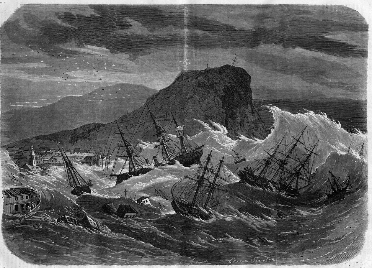 Erdbeben in Peru: Tsunami überflutet die Stadt Arica im September 1869 - Kupferstich in „Le Journal Illustré“ von Unknown artist