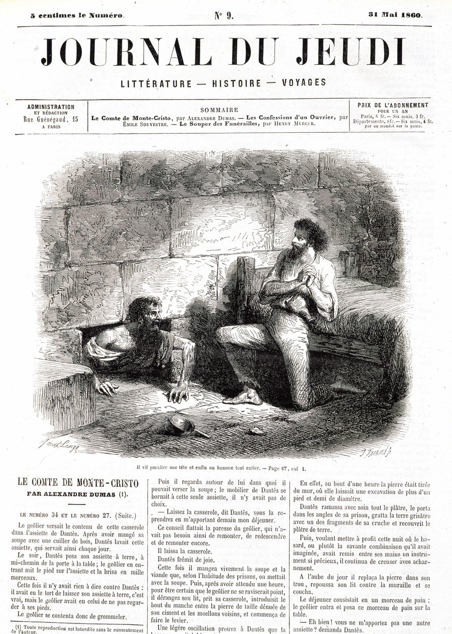Edmond Dantès, der Graf von Monte Cristo, trifft Abbé Faria dank des hohlen Tunnels im Gefängnis - in „Le Journal du Jeudi“ vom 31.05.1860 von Unknown artist