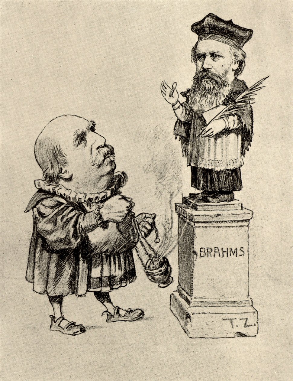 Eduard Hanslick (1825-1904) österreichischer Musikkritiker, Brahms auf einem Sockel verehrend von Unknown artist