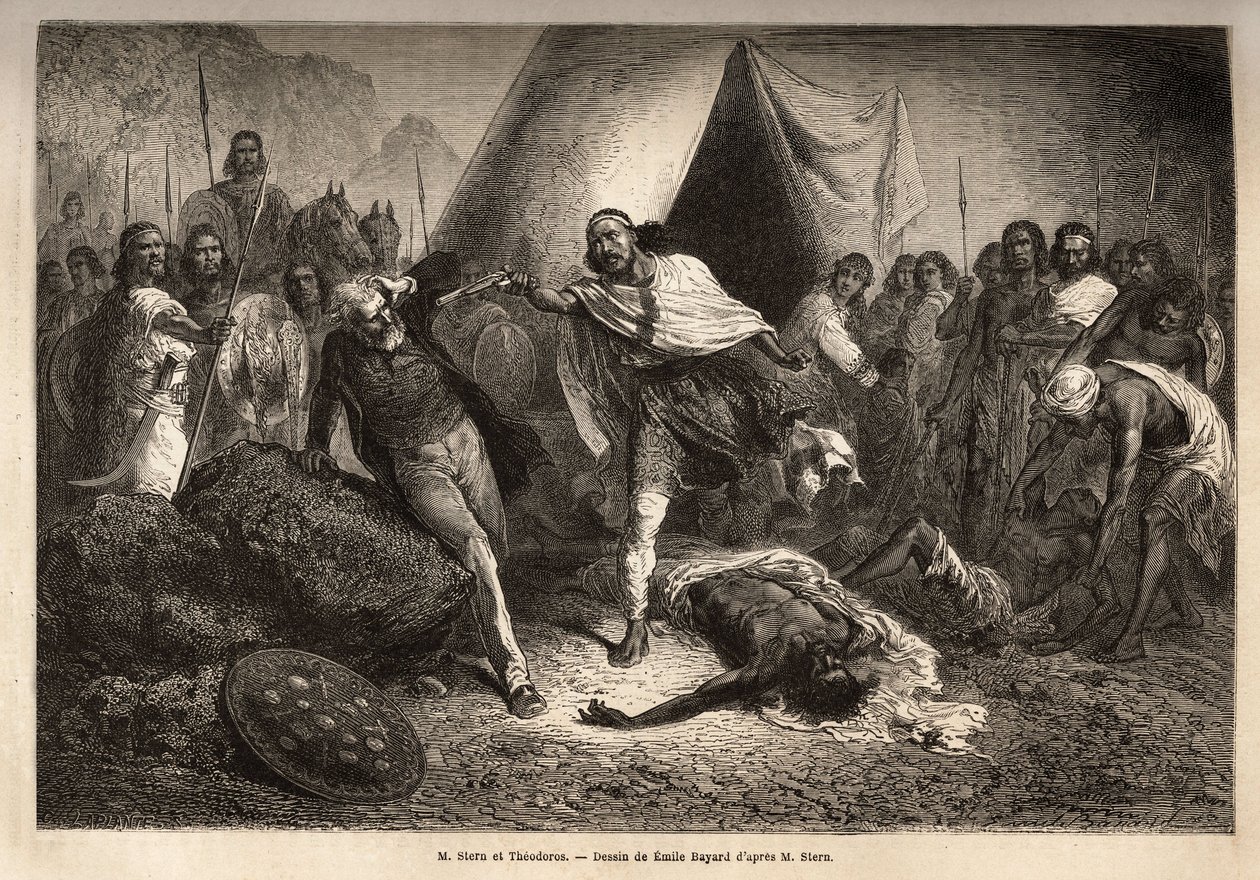 Kaiser (oder Negus) Theodoros II (Tewodros) (geboren um 1818-1868, vor seiner Krönung auf dem äthiopischen Reich Kassa Hailu genannt), bedroht mit seiner Waffe Herrn Stern, einen englischen Missionar, der eine Biografie des Negus verfasste, durch die sich  von Unknown artist