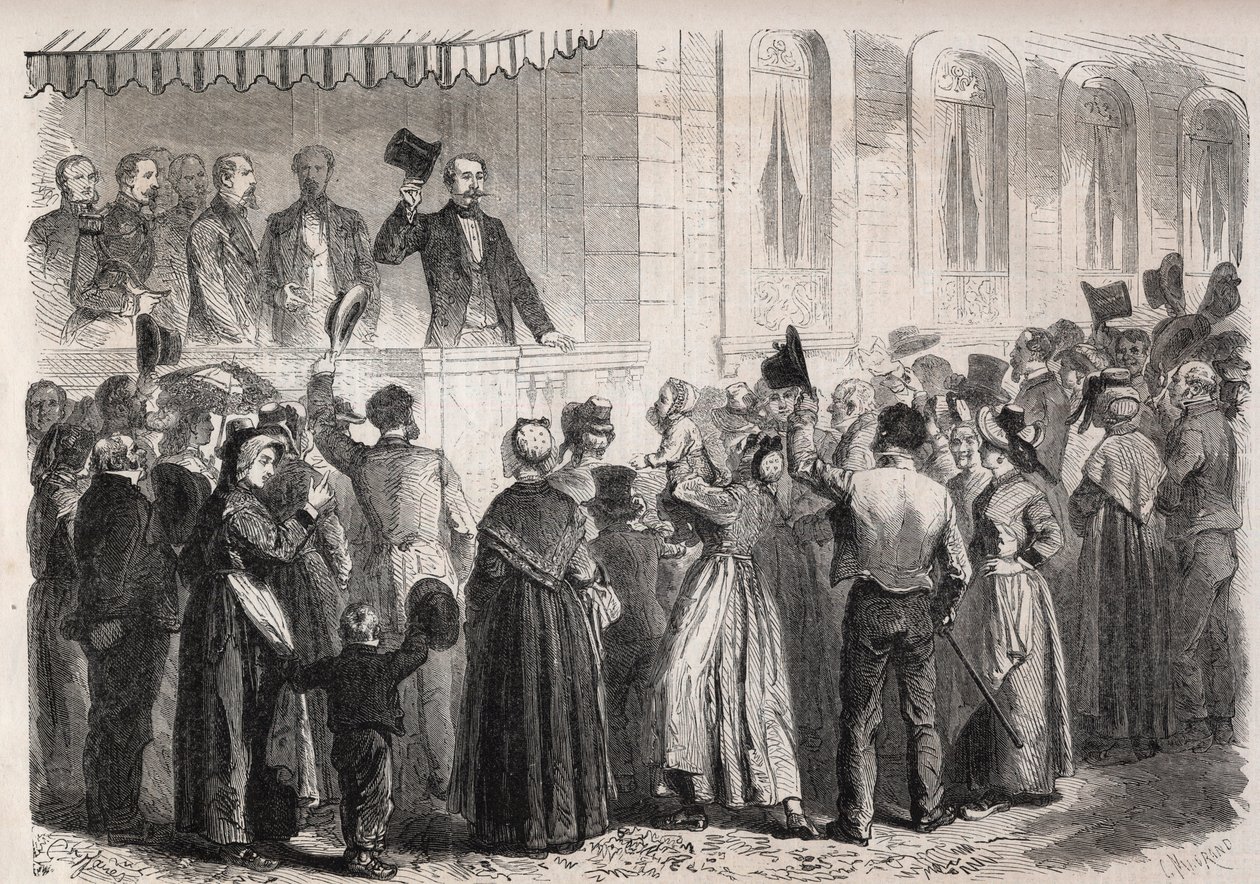Kaiser Napoleon III. auf der Terrasse der Villa von Strauss in Vichy, begrüßt vom Volk am 7. Juli 1861 - Gravur in „The Illustrous World“ von Unknown artist