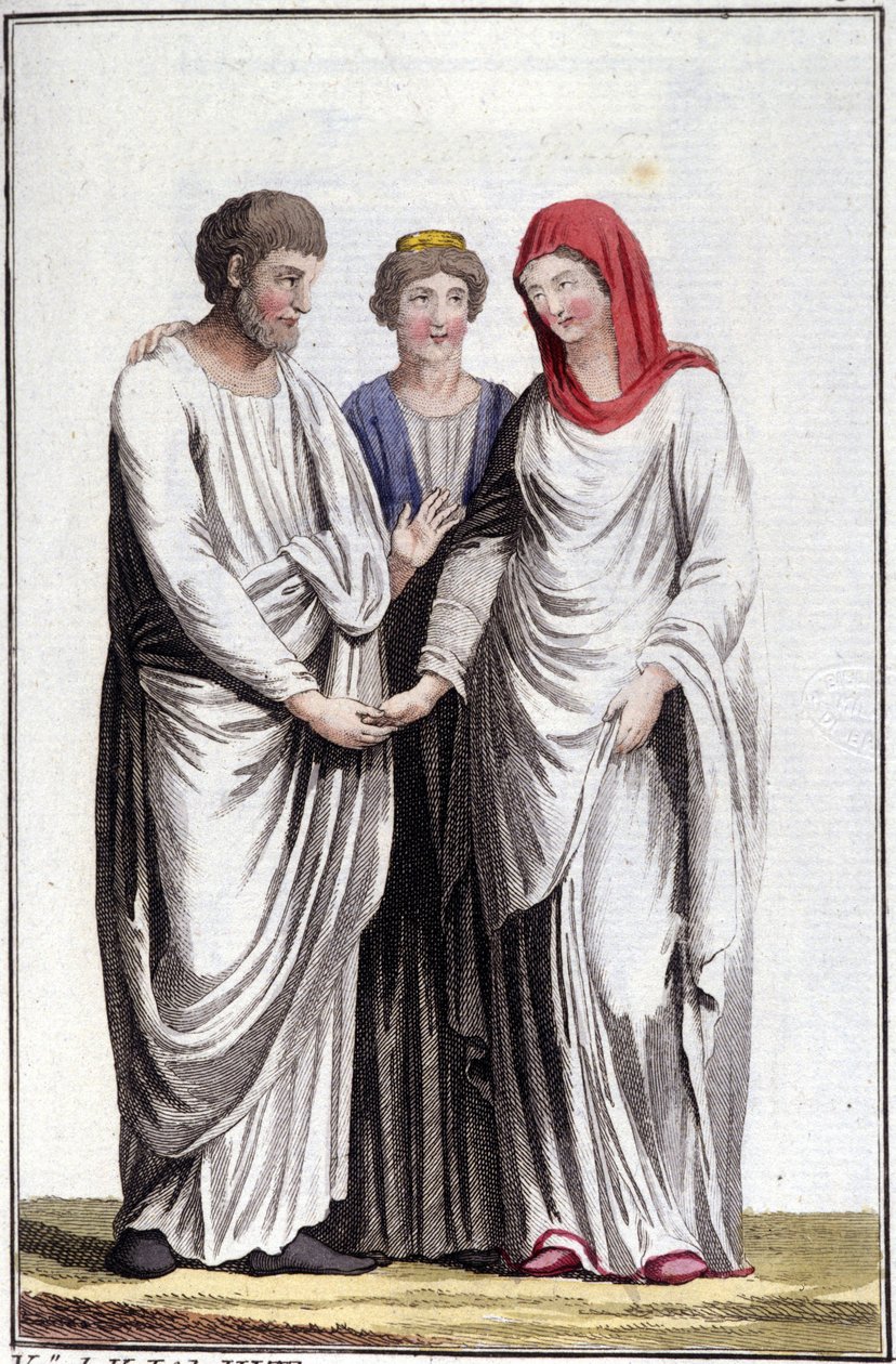 Verlobung oder Eheversprechen: dextrarum iunctio oder Vereinigung der rechten Hände. Gravur aus dem 19. Jahrhundert. von Unknown artist