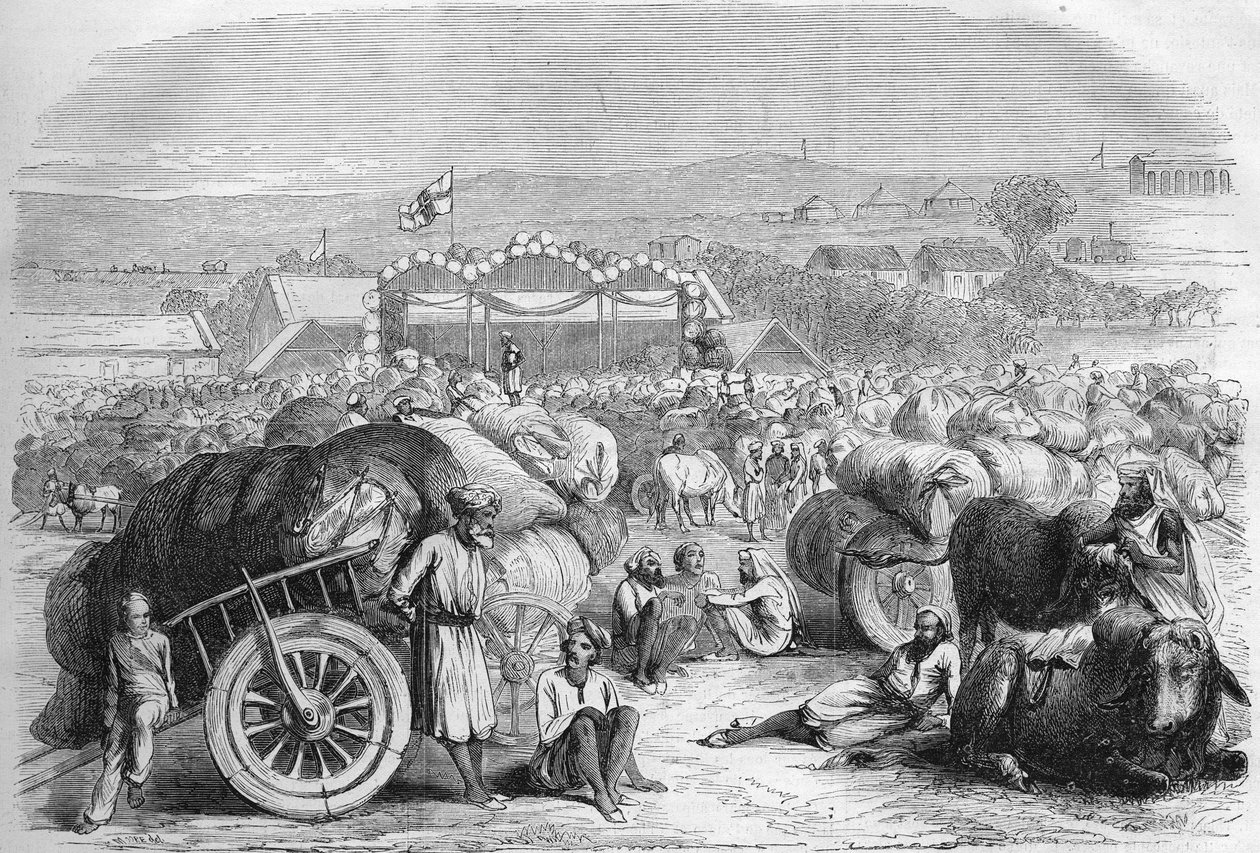 Englisch-Indien 1872: Der Baumwollmarkt von Khangaon von Unknown artist