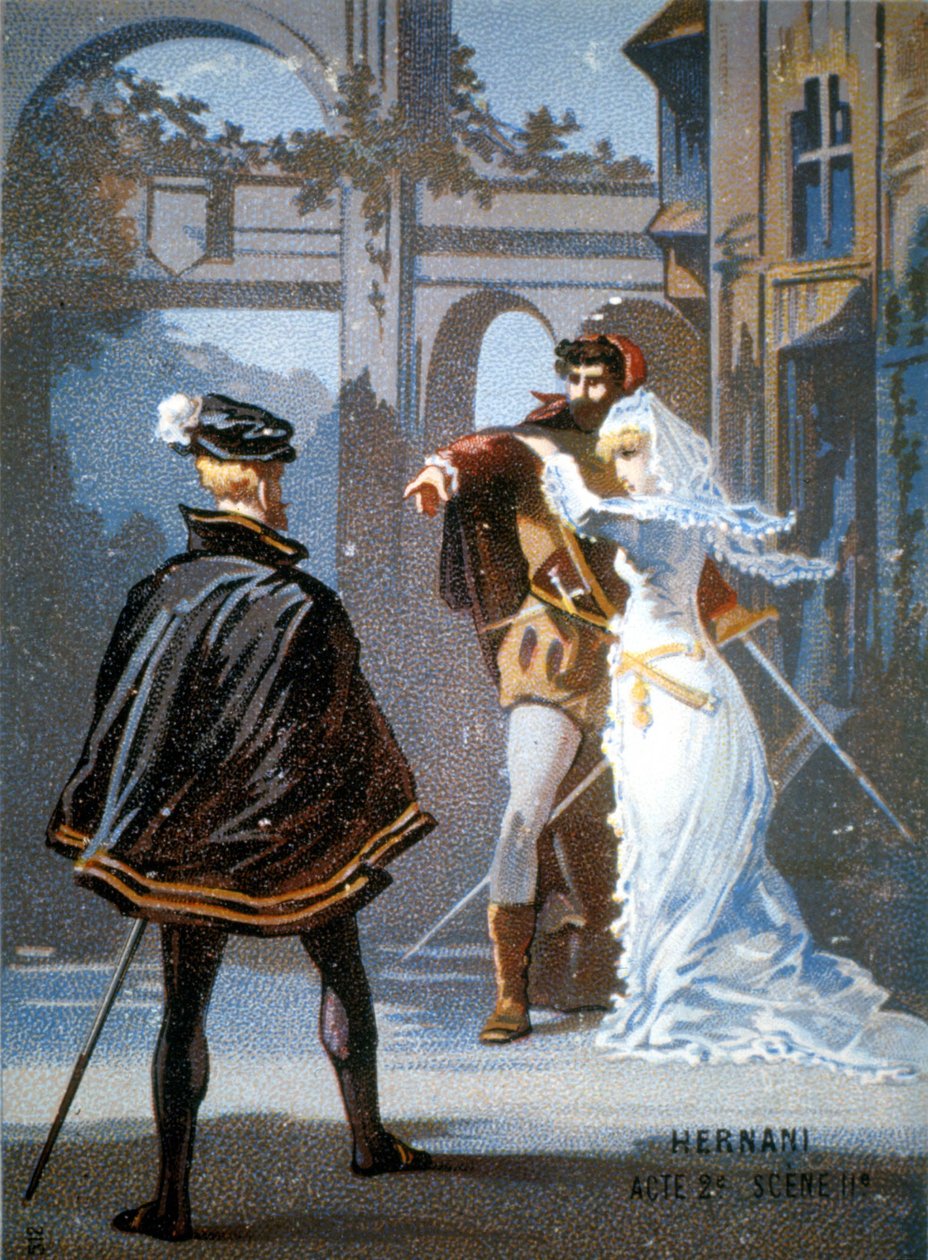 Ernani von Giuseppe Verdi, Akt II, Szene II. Chromolithographie aus dem 19. Jahrhundert von Unknown artist
