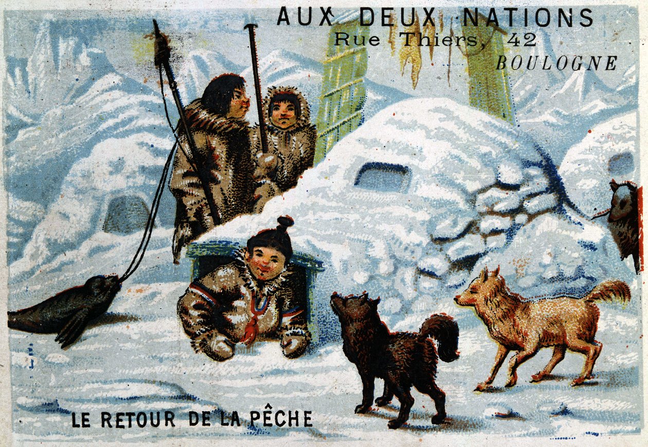 Eskimos - Die Rückkehr vom Fischfang, Werbung des Geschäfts „aux deux Nations“, Boulogne, ca. 1895 von Unknown artist