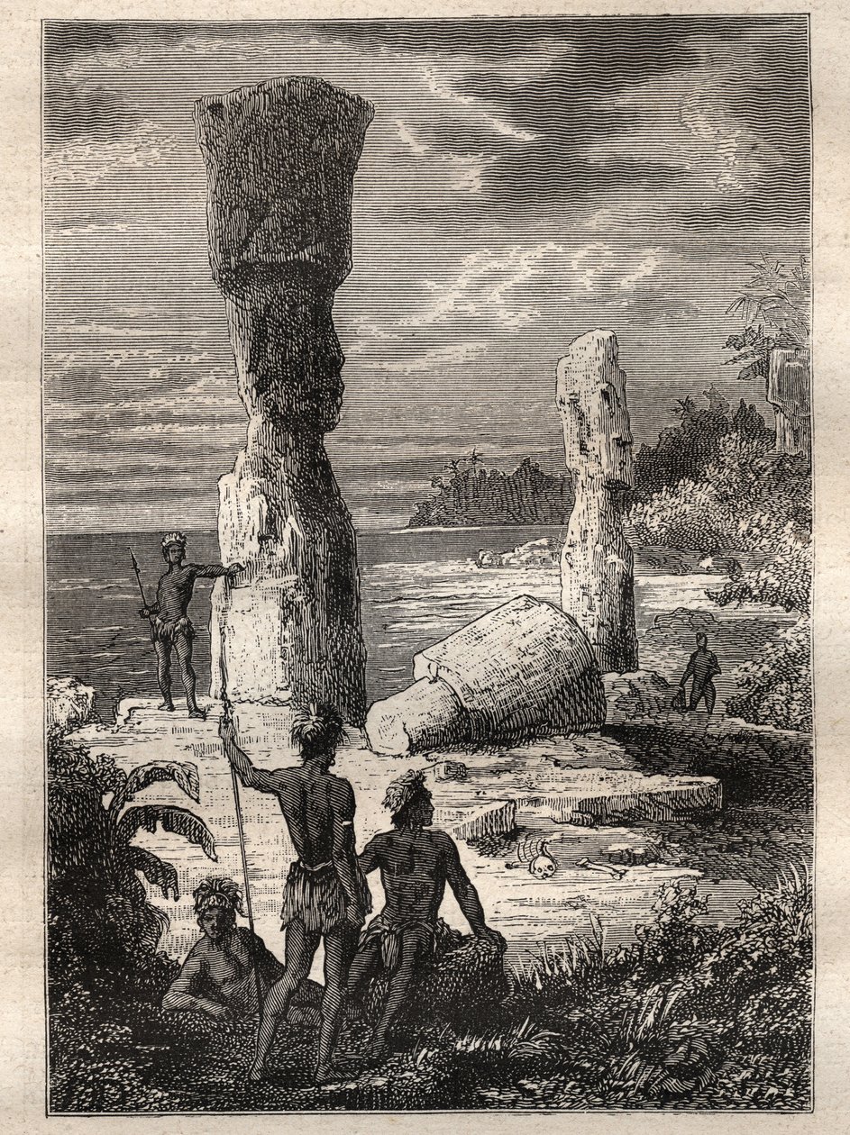 Expedition um die Welt (1785-1788) von Jean François Galaup de La Pérouse (1741-1788): Eingeborene der Osterinsel betrachten monumentale Statuen (Moai) - Illustration aus „Die großen Seefahrer des 18. Jahrhunderts“ von Unknown artist