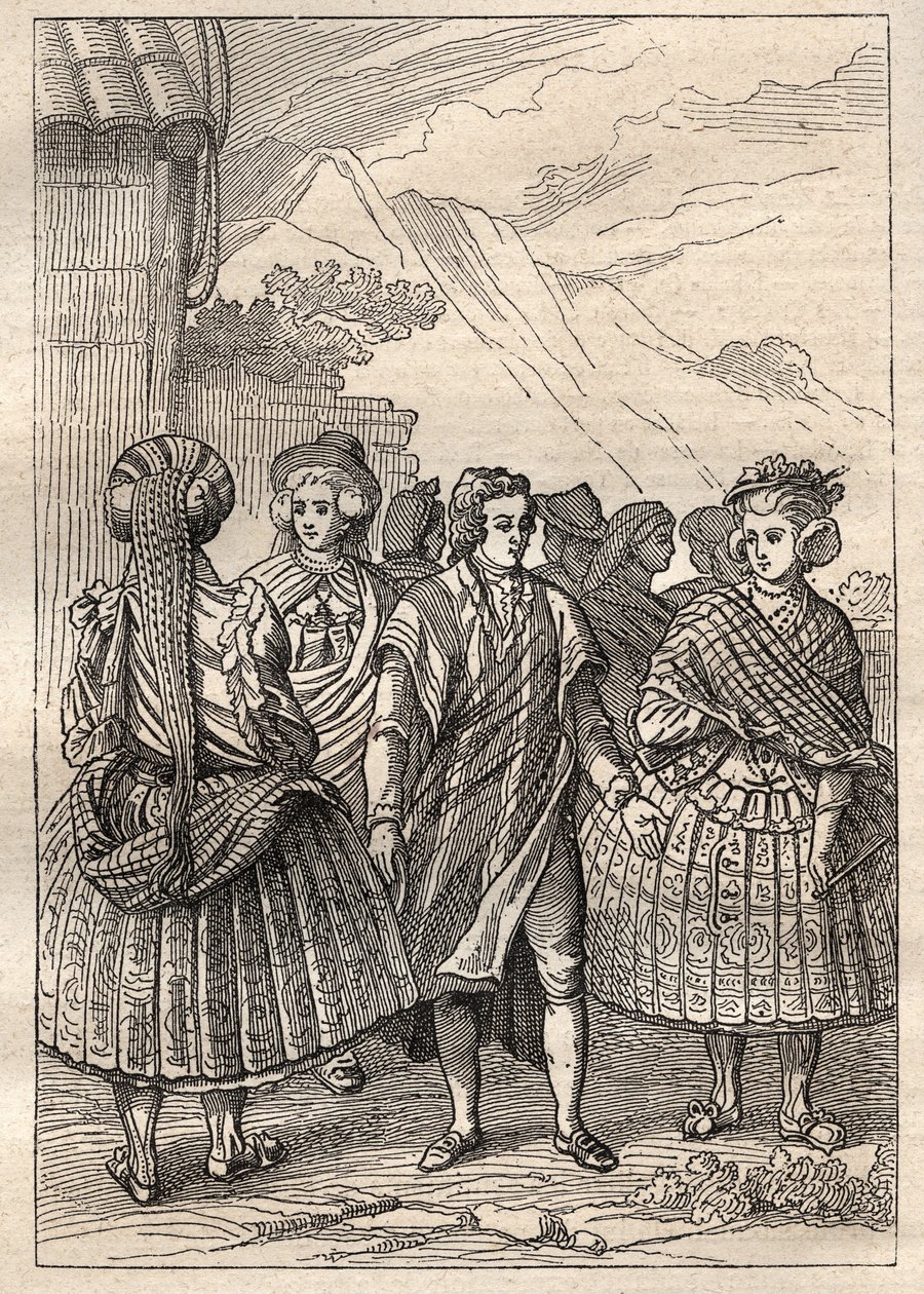 Weltumsegelung (1785-1788) von Jean Francois Galaup de La Perouse (1741-1788): Kostüme der Bewohner von Concepcion (Chile) - Illustration aus „Die großen Seefahrer des 18. Jahrhunderts“ von Unknown artist