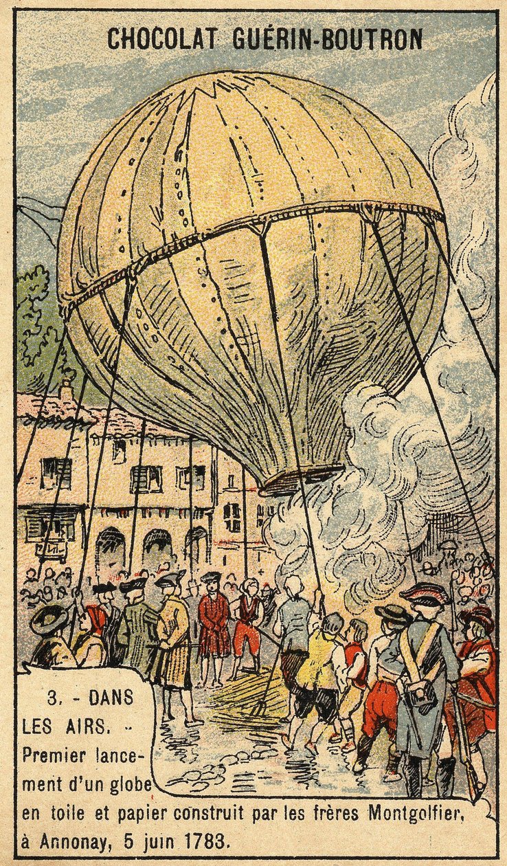 Erfahrung vom 5. Juni 1783 durch die Brüder Montgolfier in Annonay. Chromo aus dem späten 19. Jahrhundert. von Unknown artist