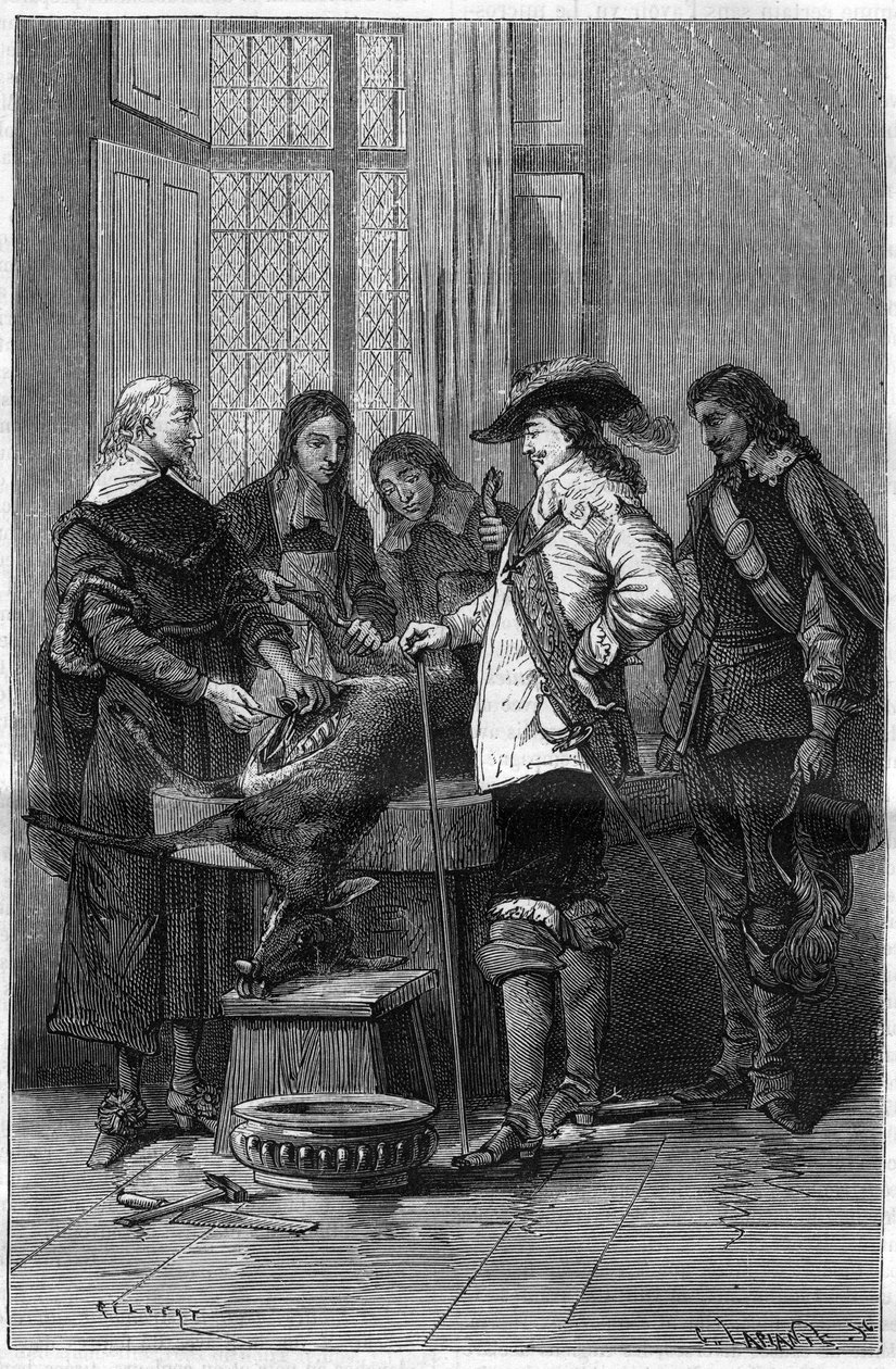 Experiment von William Harvey (1578-1657), englischer Arzt, der Charles I. Stuart (1600-1649), König von England, und den Ärzten des Royal College of London das Phänomen des Blutkreislaufs an einer lebenden Hirschkuh zeigt. Gravur in "La Nature" von Unknown artist