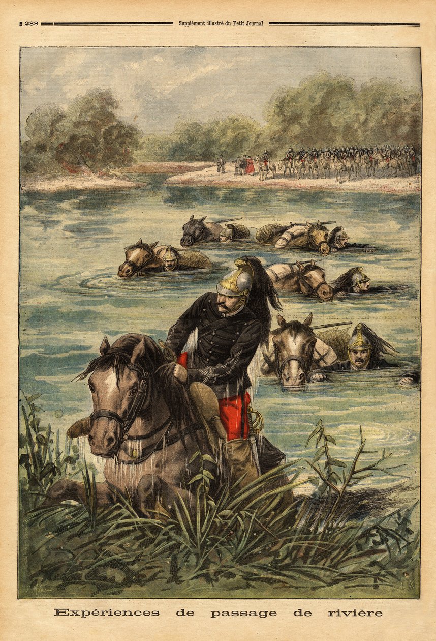 Erfahrung der Flussüberquerung durch das 7. Dragonerregiment in Fontainebleau. Gravur in „Le petit journal“ 6.09.1896. Sammlung Selva. von Unknown artist