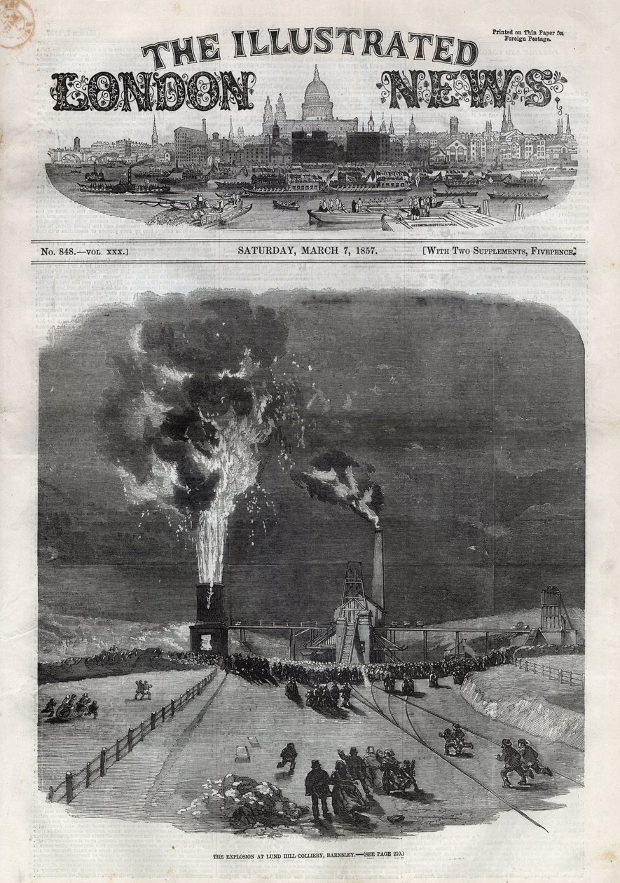 Explosion im Kohlebergwerk Lund Hill in Barnsley, England. Gravur in „The Illustrated London News“ vom 7. März von Unknown artist