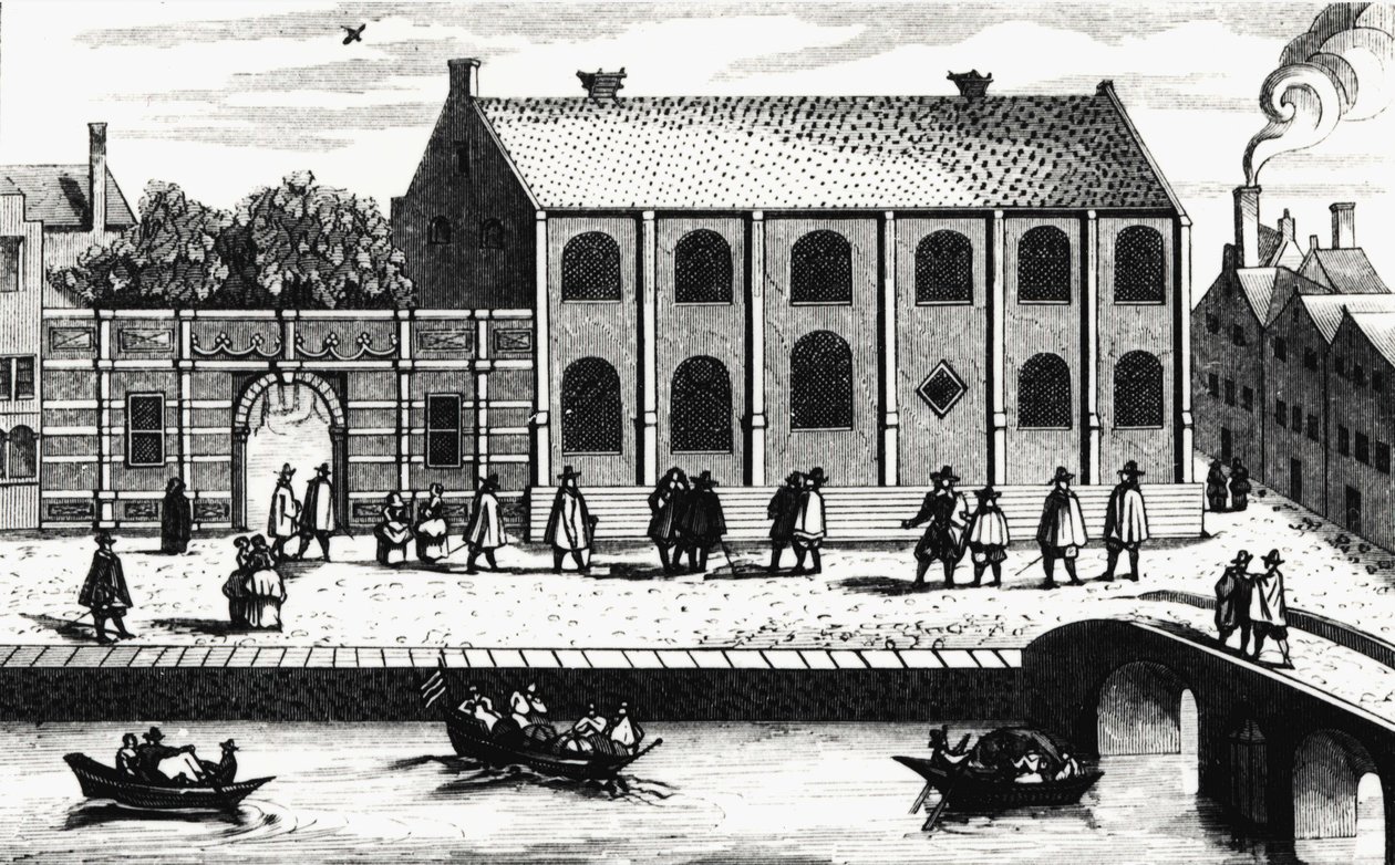 Außenansicht des Gebäudes der Universität Leiden, gegründet 1575 von Guillaume de Nassau. Gravur nach „Illustrium Hollandiae, etc, Ordinum, Alma academia Leydensis“ von Unknown artist