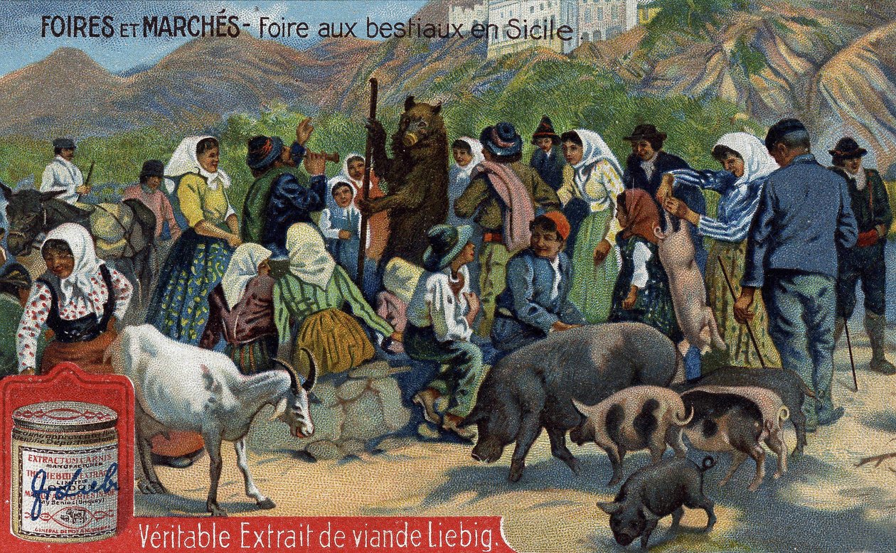 Messen und Märkte: Viehmarkt in Sizilien. Chromolithographie, Liebig-Bild. von Unknown artist