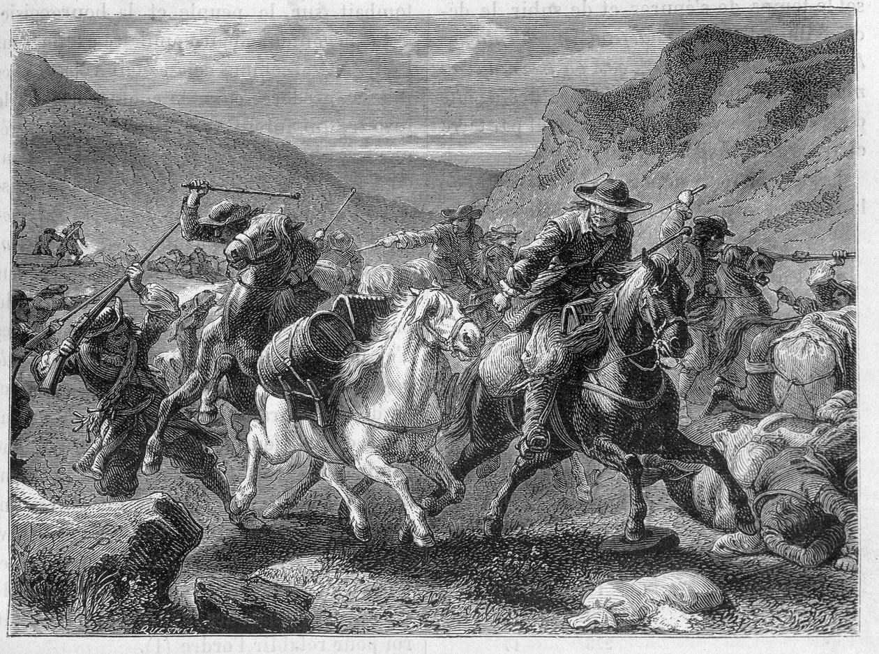 Falsche Salzschmuggler (Falsche Salzschmuggler) werden in einem Hinterhalt von den Soldaten des Königs angegriffen - in „Die Wunder der Industrie“ von Louis Figuier von Unknown artist