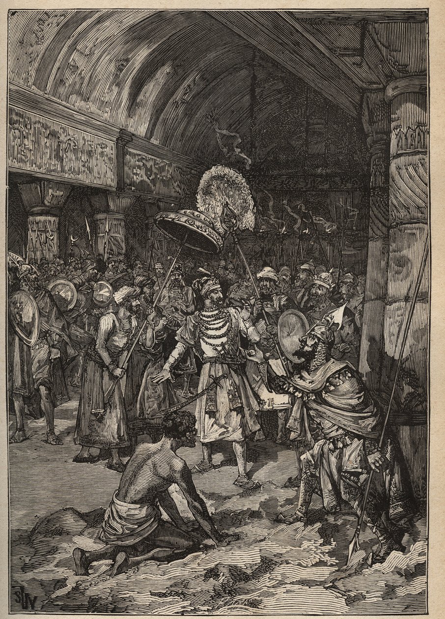 Berühmte Diamanten: Maharadscha von Lahore, Ranjit Singh (1780-1839), übernimmt den Koh-i Nor-Diamanten. Gravur von 1885 in „Les arts et metiers illustres“ von Adolphe BITARD von Unknown artist