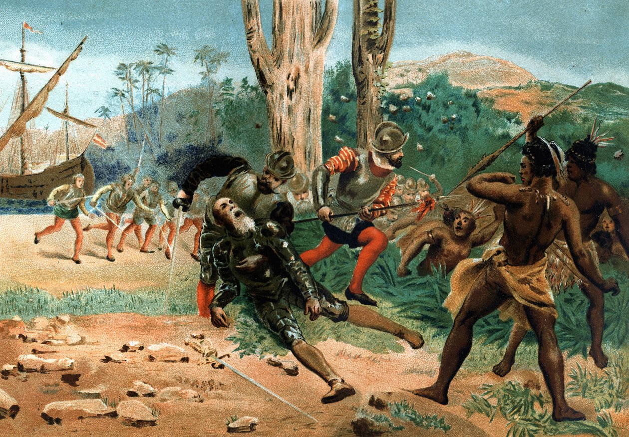 Fernand de Magellan starb (ca. 1480-1521), portugiesischer Seefahrer, getötet auf der Insel Mactan (Philippinen) am 27. April 1521. nach hombres y Mujeres celebres. Barcelona 1877. von Unknown artist