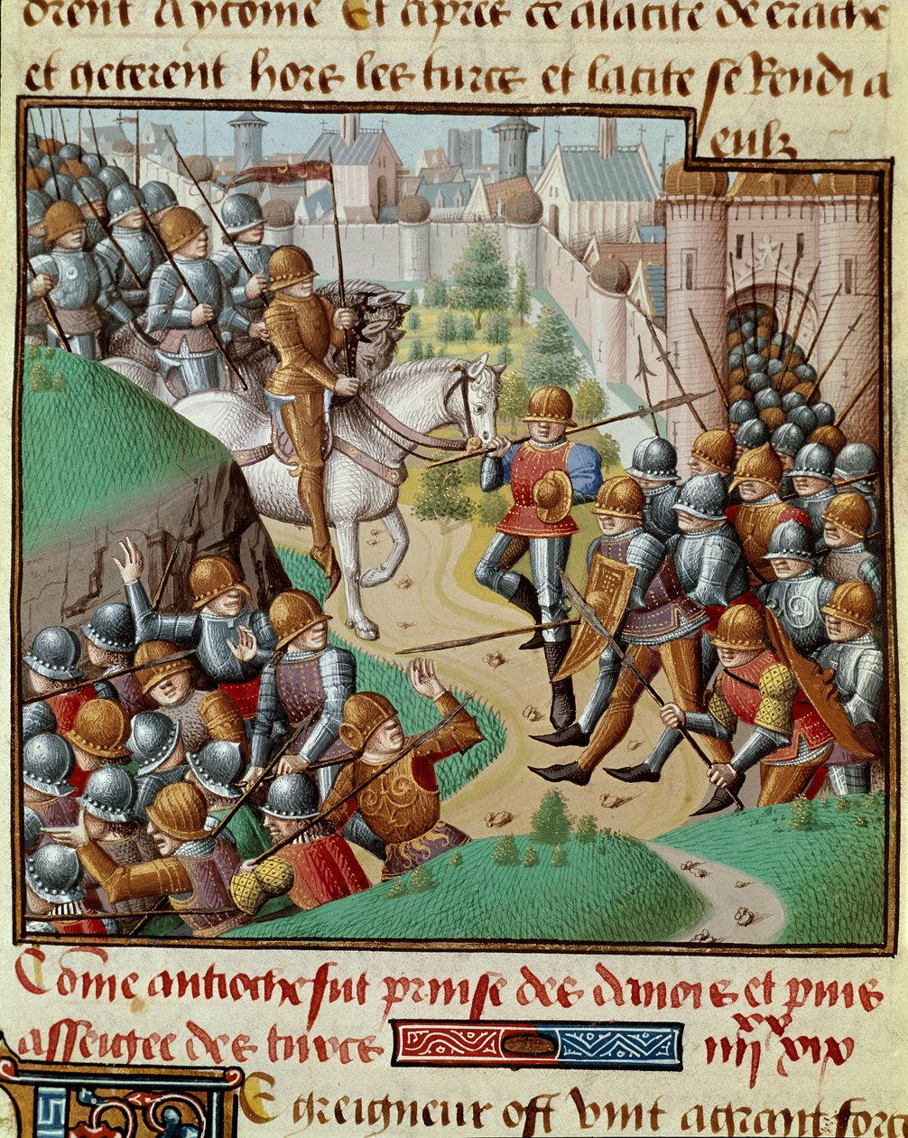Erster Kreuzzug: „Die Eroberung von Antiochia“. Schlacht unter den Mauern von Antiochia zwischen den Kreuzrittern von Bohemund und der Armee von Karbouka, General des Sultans von Persien im Juni 1098. Miniatur in „Le miroir historial“ (Speculum Historiale) von Unknown artist