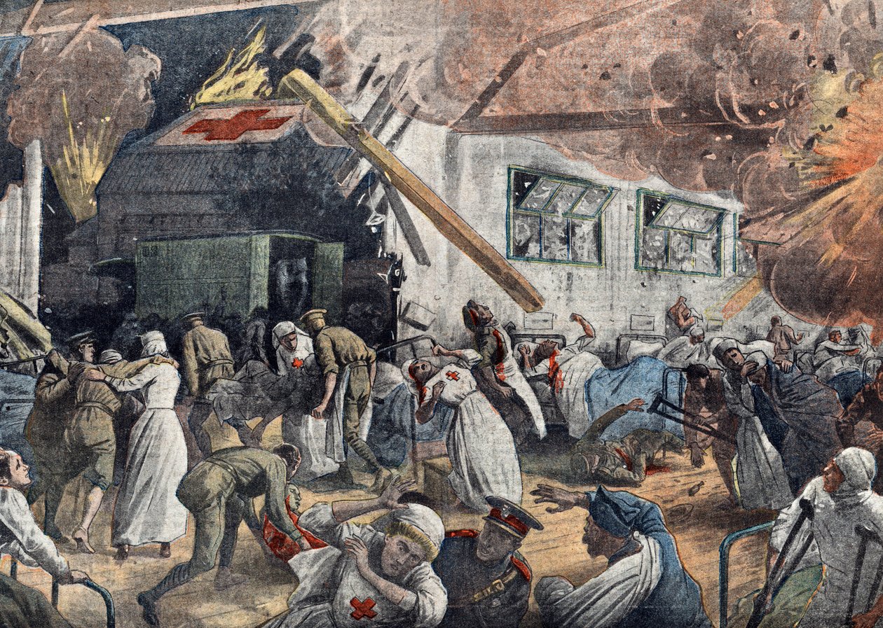 Erster Weltkrieg: Bombardierung eines englischen Krankenhauses durch deutsche Staffeln, Juni 1918 Illustration aus „Le pelerin“ 18.06.1918 Privatsammlung von Unknown Artist