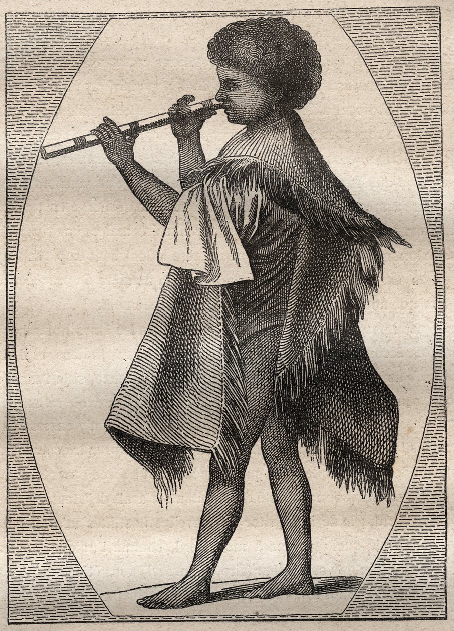 Erste Reise (1768-1771) von Kapitän James Cook (1728-1779): Tahitianischer Flötenspieler - Illustration aus „Die großen Seefahrer des 18. Jahrhunderts“ von Unknown artist