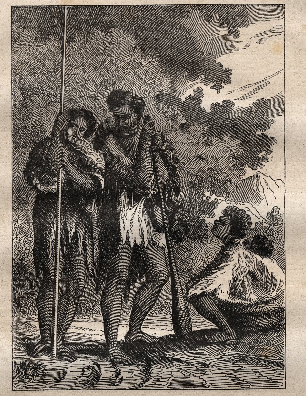 Erste Reise (1768-1771) von Kapitän James Cook (1728-1779): eine neuseeländische Familie (Neo Zelandaise) - Illustration aus „Die großen Seefahrer des 18. Jahrhunderts“ von Unknown artist