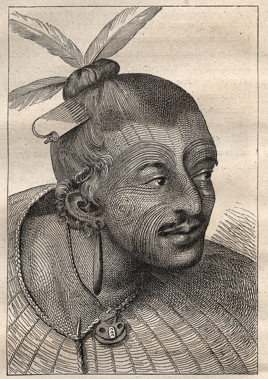Erste Reise (1768-1771) von Kapitän James Cook (1728-1779): tätowierter Kopf eines Neuseeländers - Illustration aus „Die großen Seefahrer des 18. Jahrhunderts“ von Unknown artist