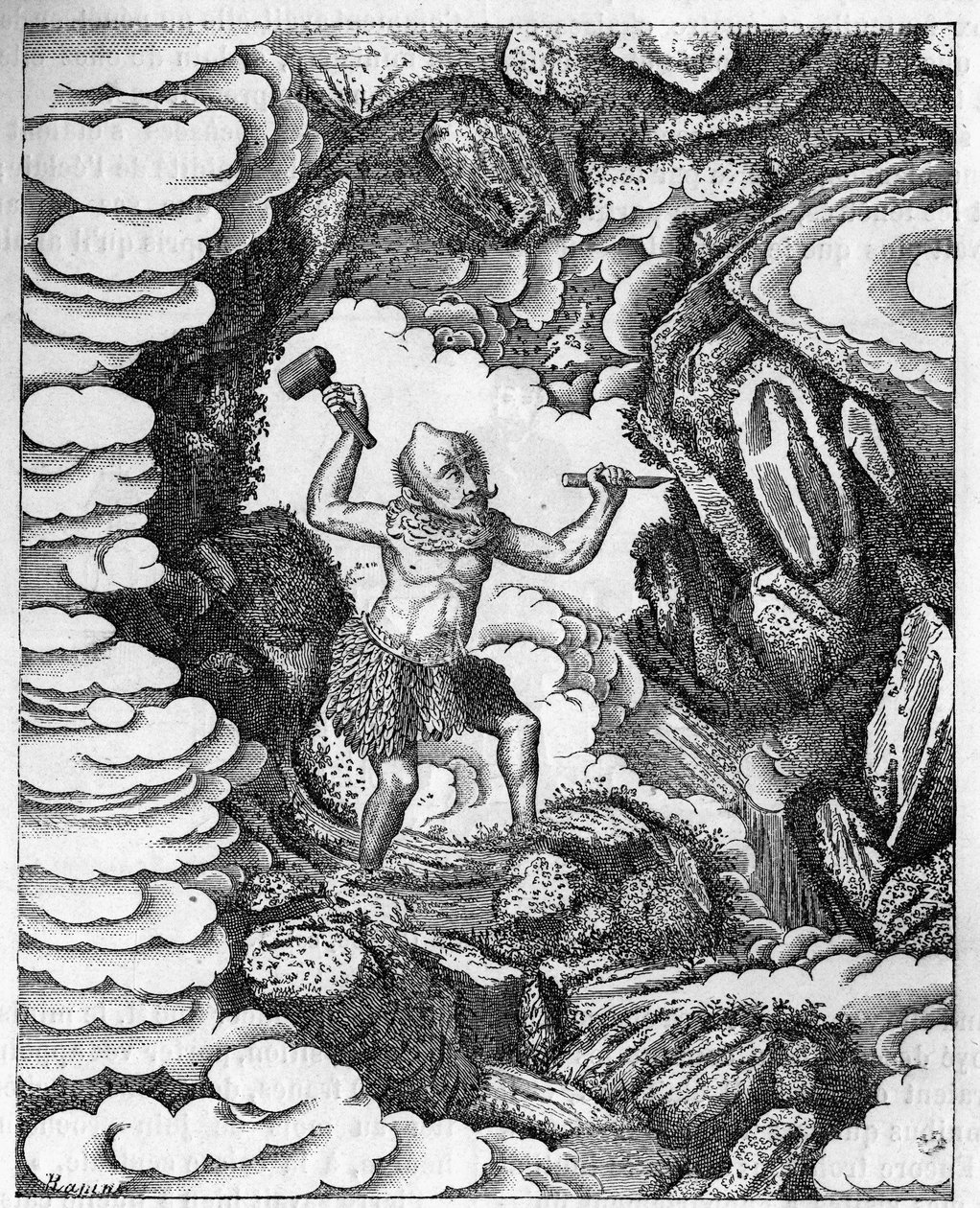 Entstehung der Welten: der chinesische Gott Pan-Kou-Che schnitzt die Erdkruste. Gravur im „Journal de la jeunesse“ von Unknown artist