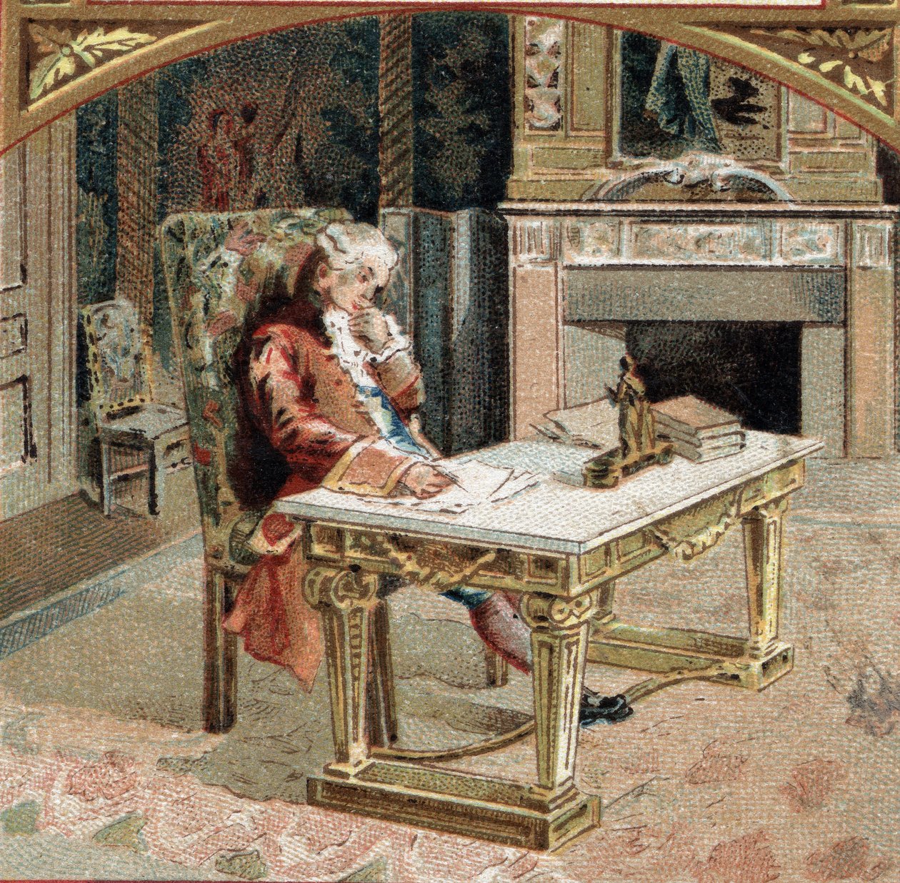 Francois-Marie Arouet de Voltaire genannt Voltaire (1694-1778), im Alter von 23 Jahren im Schloss von Sully-sur-Loire. Chromolithographie aus dem späten 19. Jahrhundert von Unknown artist
