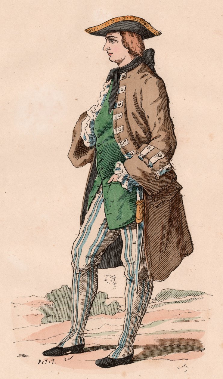 Französischer Gentleman im Jagdkostüm, mit Mantel, Weste und Dreispitz mit einem Dolch an der Seite im XVIII. Jahrhundert (Farbstich) von Unknown