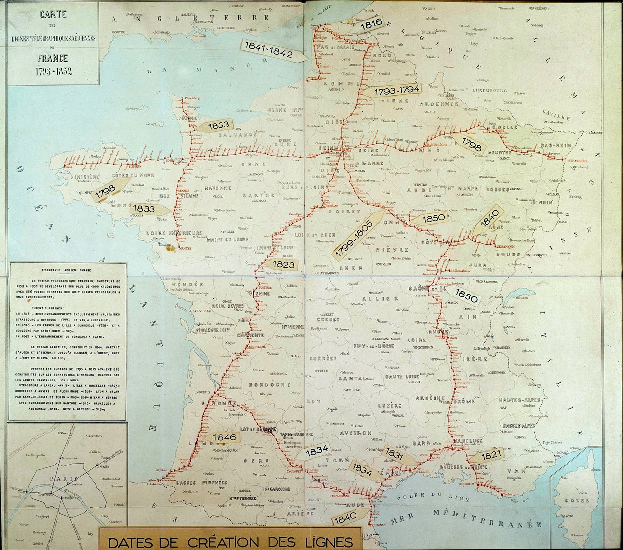 Französische Landkarte mit Lufttelegrafenlinien von Unknown artist