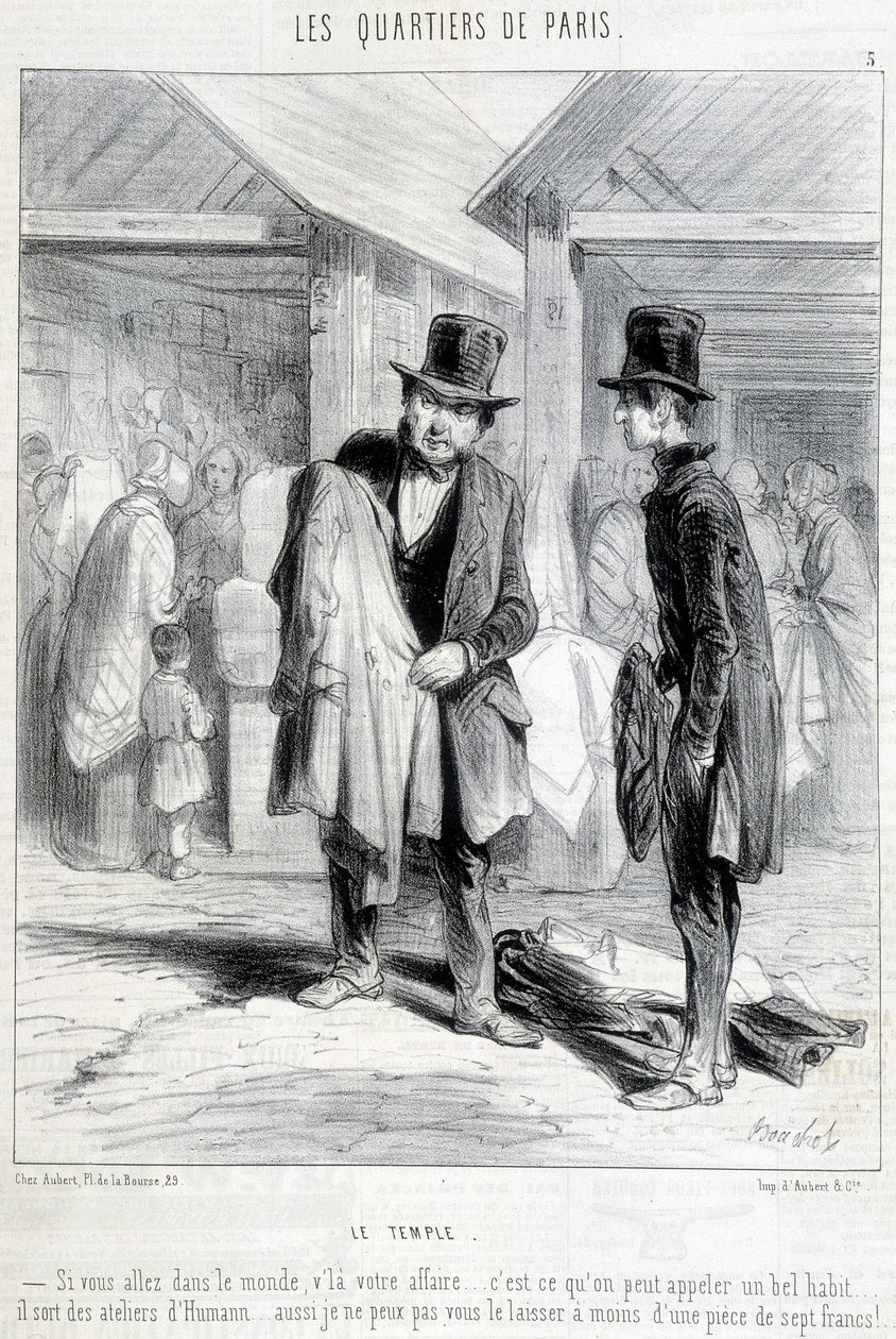 Fripier aus dem Tempelbezirk in Paris versucht, einem Mann Kleidung zu verkaufen. Gravur des 19. Jahrhunderts von Unknown artist