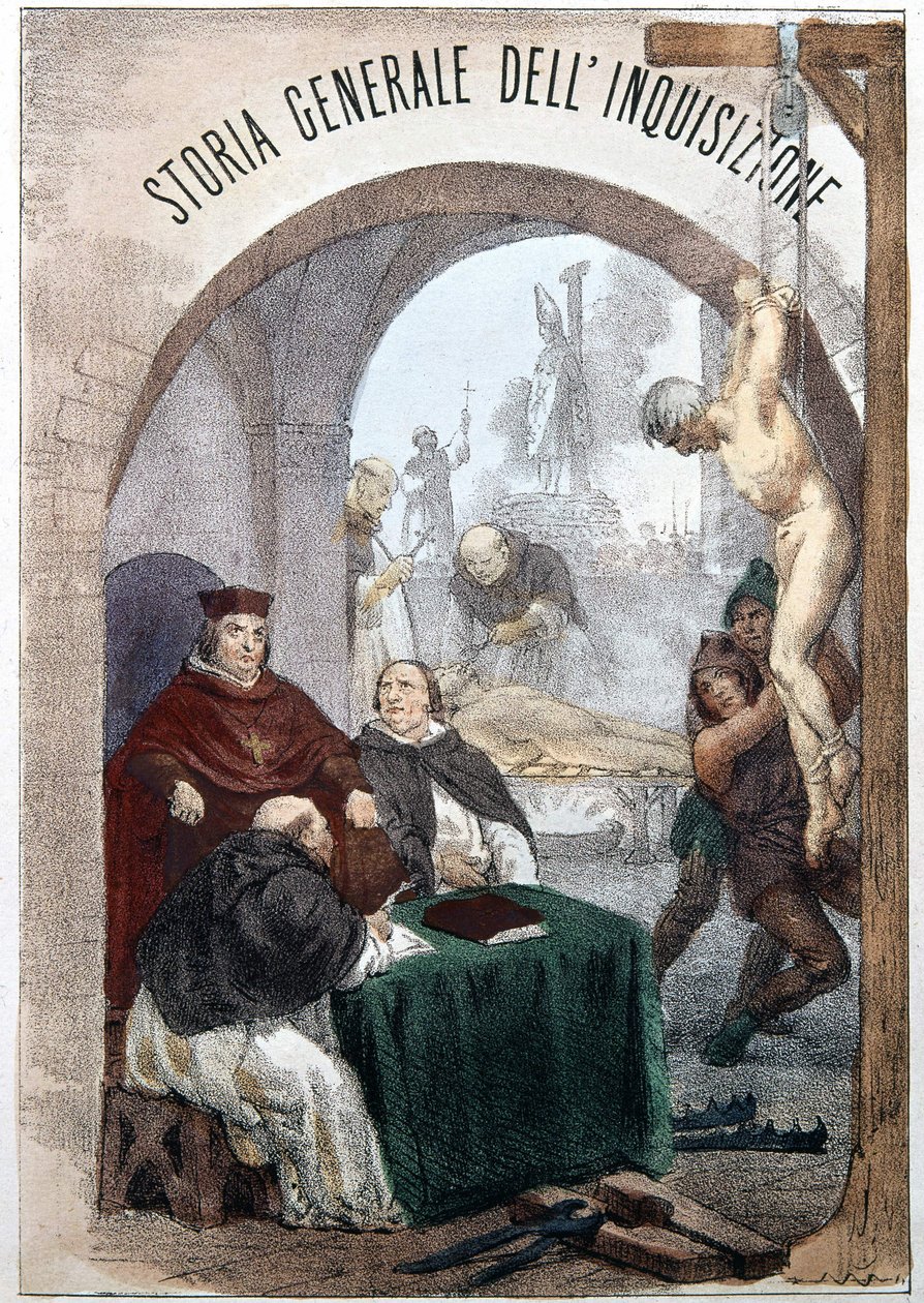 Frontispiz der Allgemeinen Geschichte der Inquisition von Pietro Tamburini mit einer Illustration, die Szenen der symbolischen Inquisition darstellt. Mailand 1850 von Unknown artist
