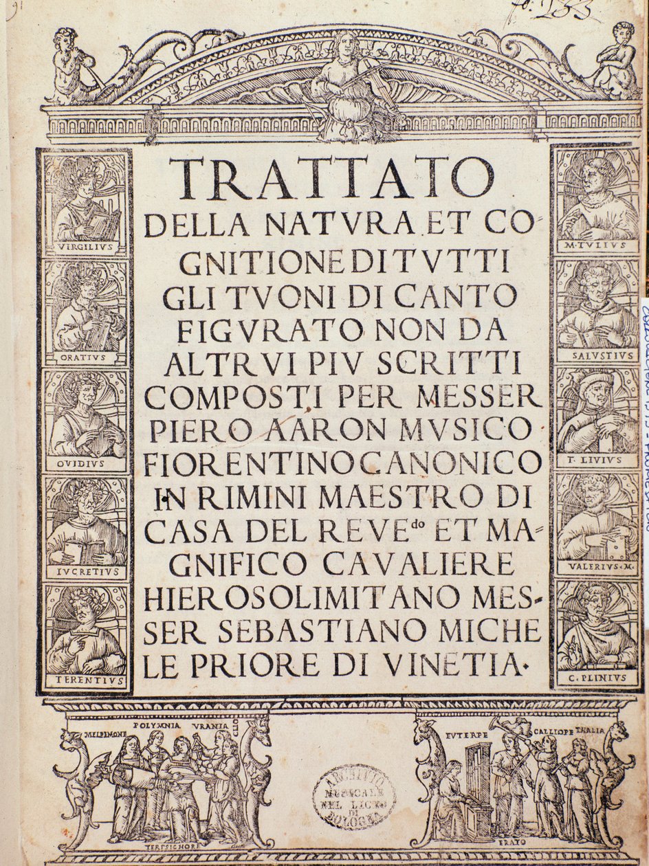 Frontispiz oder Titelseite von Trattato della natura e Cognizione di tutti gli duoni di canto figurato von Pietro Aron von Unknown artist