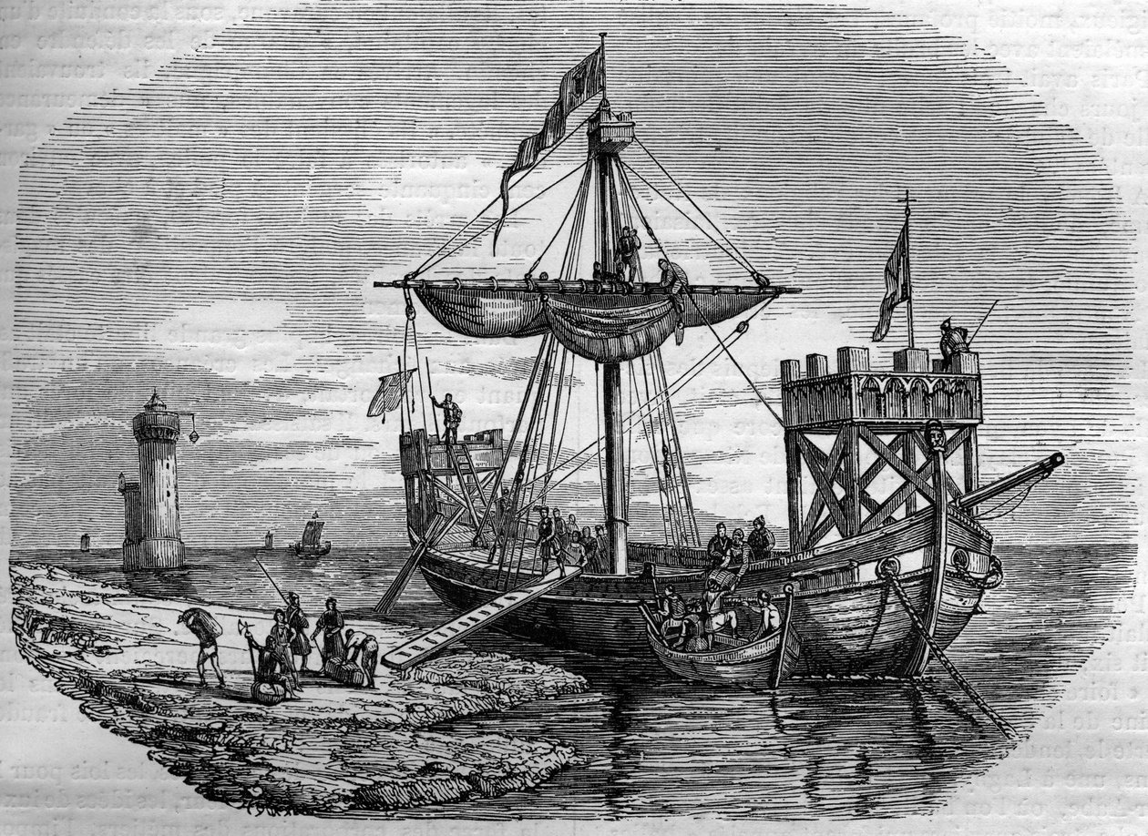Galeere im Mittelalter. Gravur des 19. Jahrhunderts. von Unknown artist