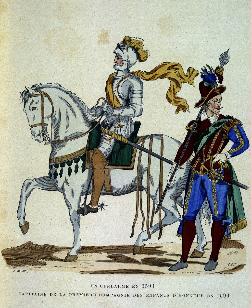Gendarm im Jahr 1593 und Hauptmann der 1. Kompanie der Ehrenkinder im Jahr 1596 - in „La France et les français“ von Challamel von Unknown artist