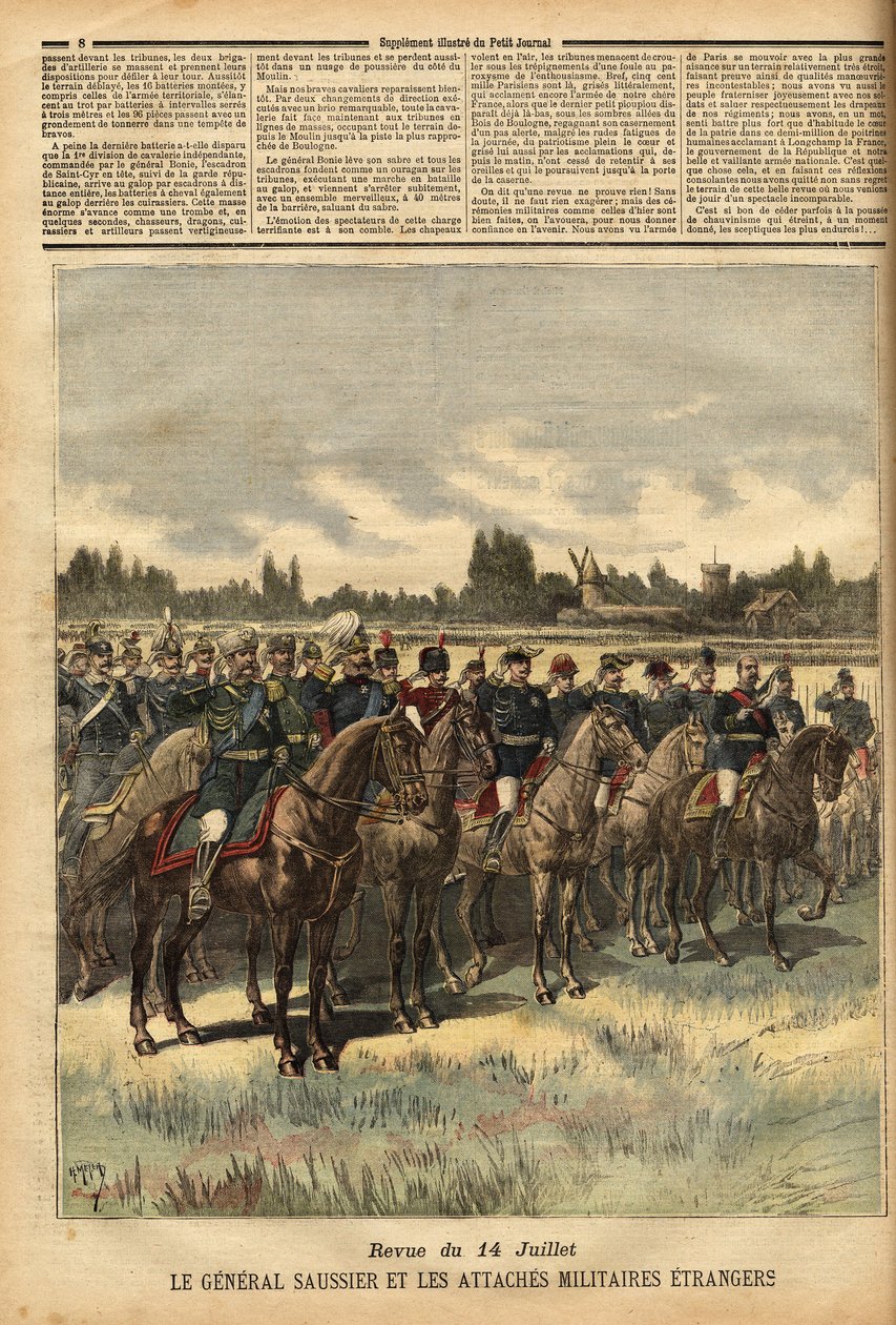 General Felix Gustave Saussier (1828-1905), Militärgouverneur von Paris seit 1884, umgeben von ausländischen Militärs, überprüft die Truppen während der Parade am 14. Juli 1891 in der Ebene des Bois de Boulogne. Gravur in „Le petit journal“ von Unknown artist