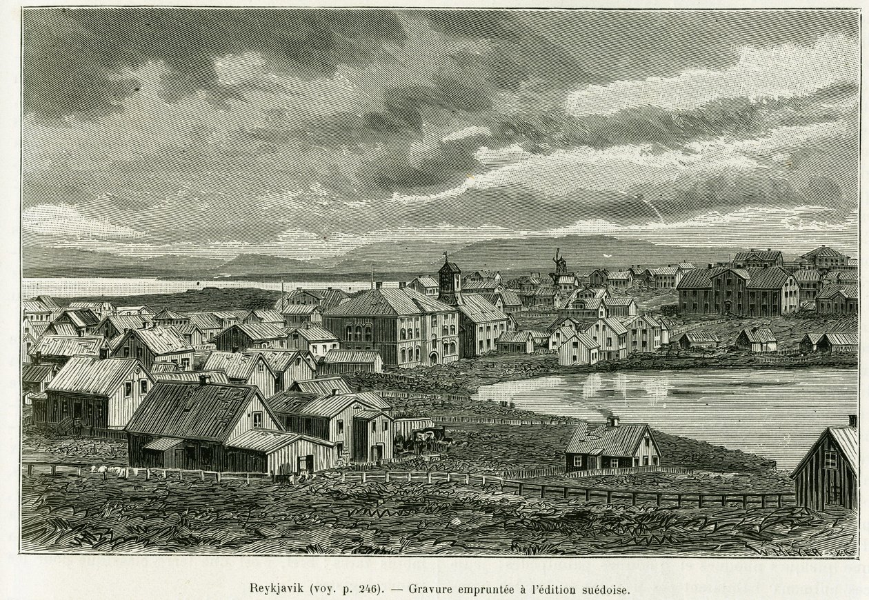 Gesamtansicht von Reykjavik. Gravur zur Illustration der Geschichte Die neue Expedition von Professor Nils Adolf Erik (Eric) Baron Nordenskjöld (Nordenskiöld) (1832-1901) in Grönland, von Charles Rabot, in Le Tour du monde 1886, unter der Leitung von Edoua von Unknown artist