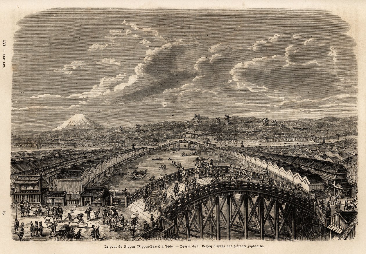 Gesamtansicht von Yedo (oder Edo, heutiges Tokio) von der Nippon Bassi (die Brücke von Nippon), lebhafte Animation von Passanten und Trägern auf der Brücke, zwischen den Händlergassen, Blick auf die Geschäfte und im Hintergrund, Blick auf den Berg Fuji. Gr von Unknown artist