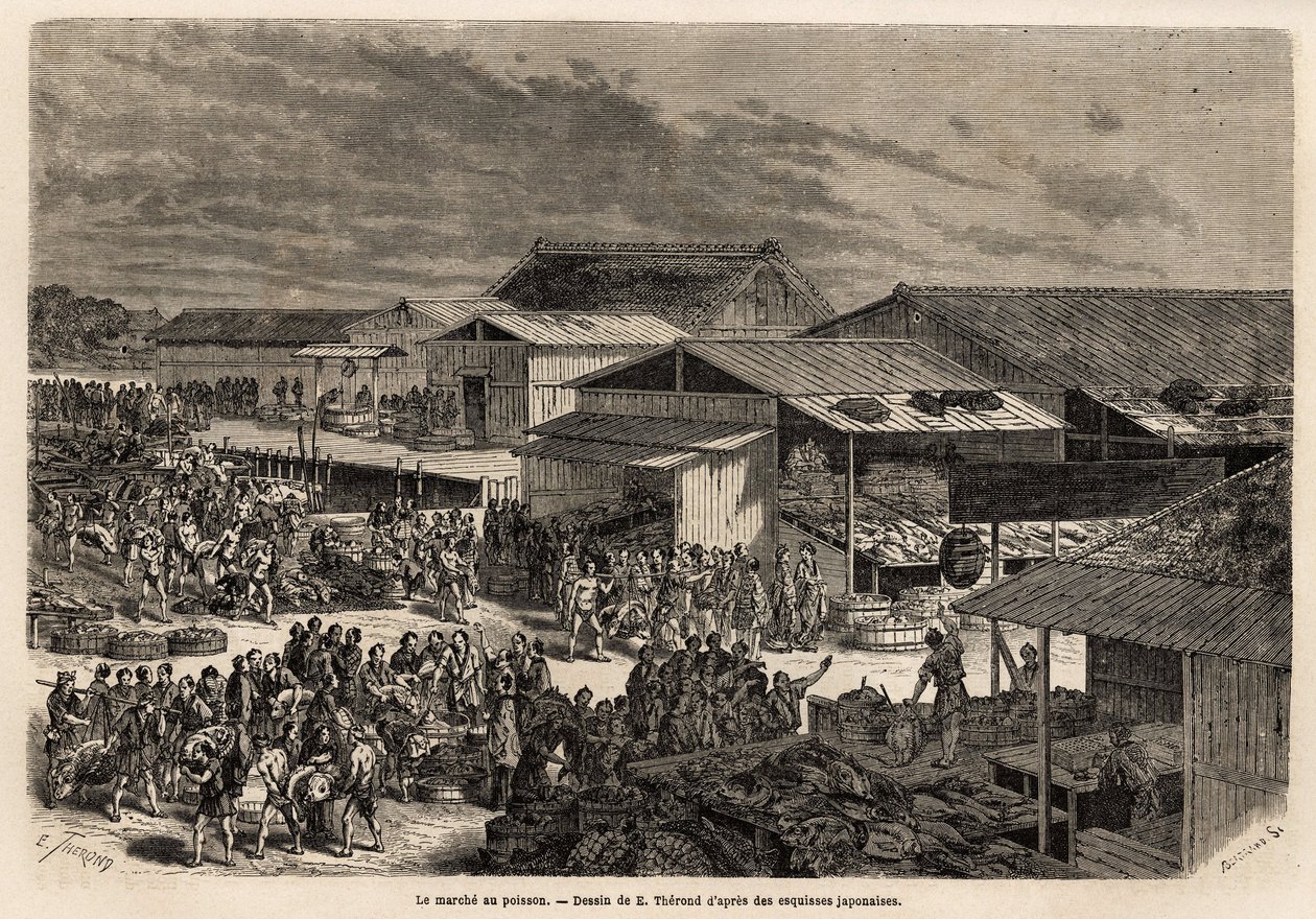 Gesamtansicht des Fischmarktes, mit dem Hafen der Warenbarken, den Hütten und den Präsentationsständen der Produkte und der Bühne für den Verkauf an die Auktionshäuser, mit der lebhaften Animation, die den Ort vereint: Träger, Verkäufer und m von Unknown artist