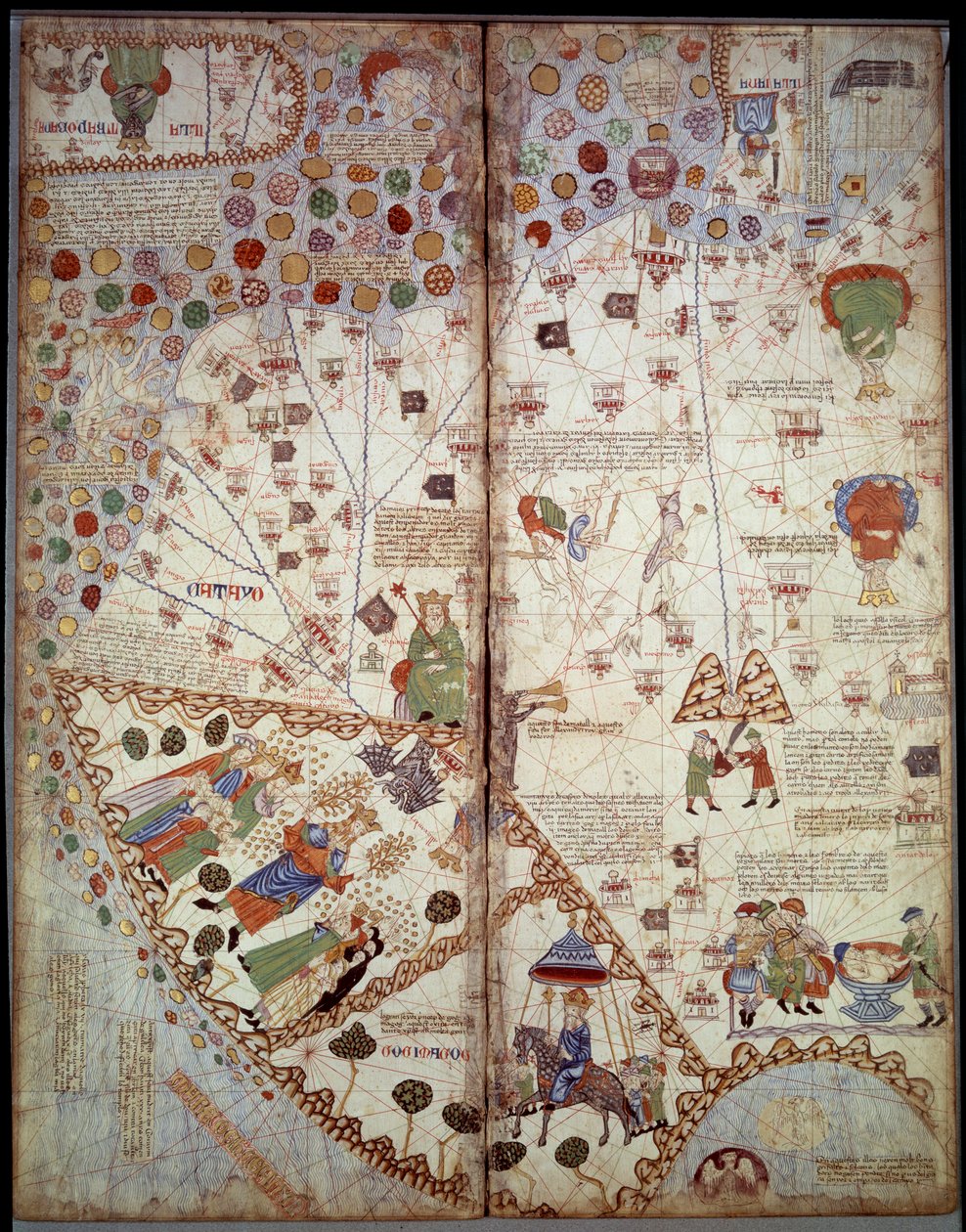 Geografische Karte: China, Ganges-Tal, Sumatra, Ceylon. Katalanischer Atlas (Katalanische Karte) (Spanien). Manuskript von 1375 (Folio 2v - Folio 3) von Unknown artist