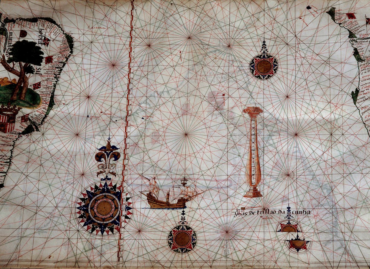 Geographie: Detail einer Navigationskarte von Luis Lazare, die die Inseln des Tristan da Cunha Archipels und die Karavelle des gleichnamigen Entdeckers darstellt von Unknown artist