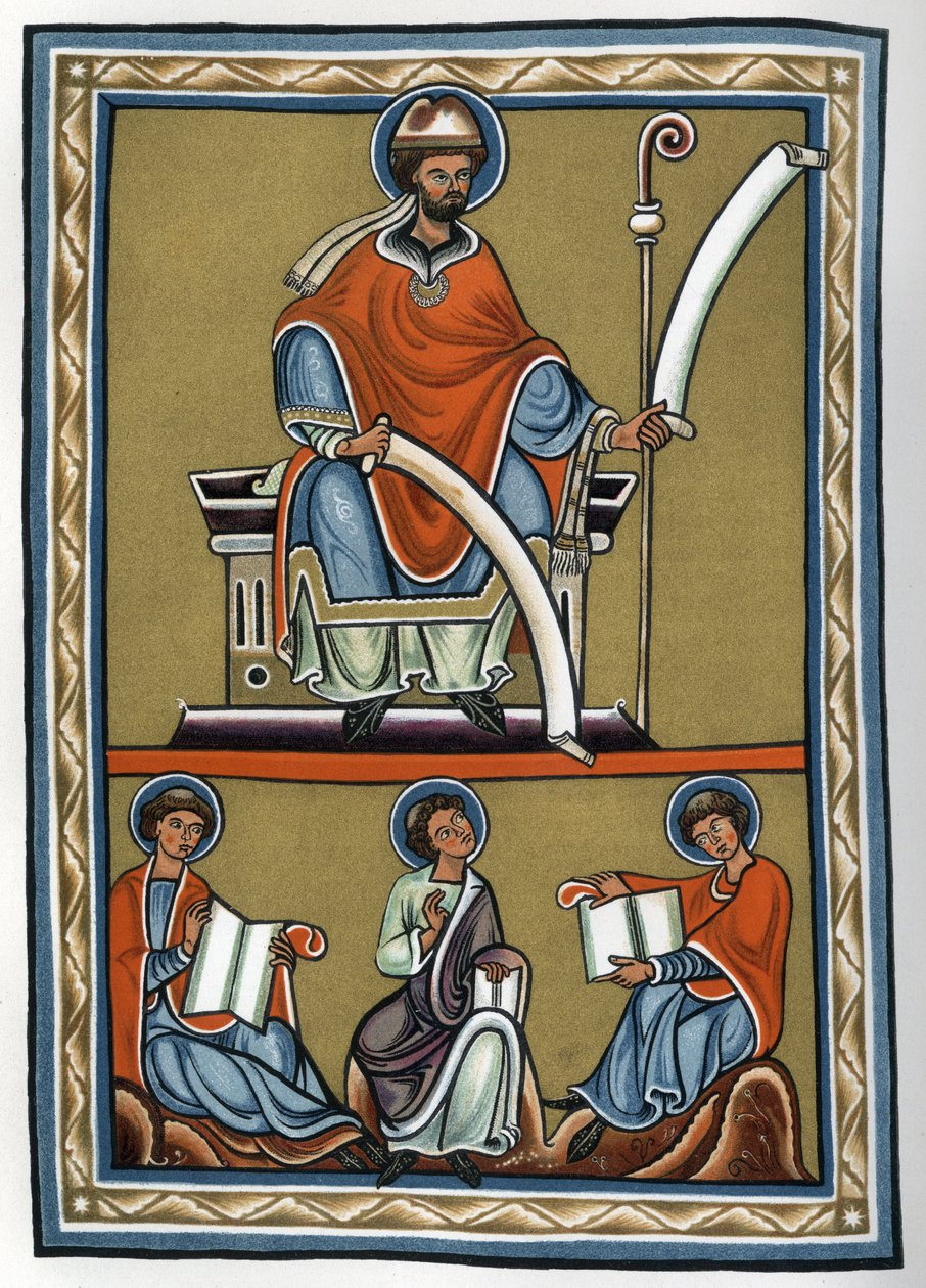 Gilbert de la Porree (Porretanus, scholastischer Theologe) und seine Schüler, Jourdain Fantosme, Yves de Chartres und Jean Beleth. Faksimile des 19. Jahrhunderts einer Miniatur des 12. Jahrhunderts in „Commentary on the De Trinitate de Boece“ (Boezio). Pri von Unknown artist