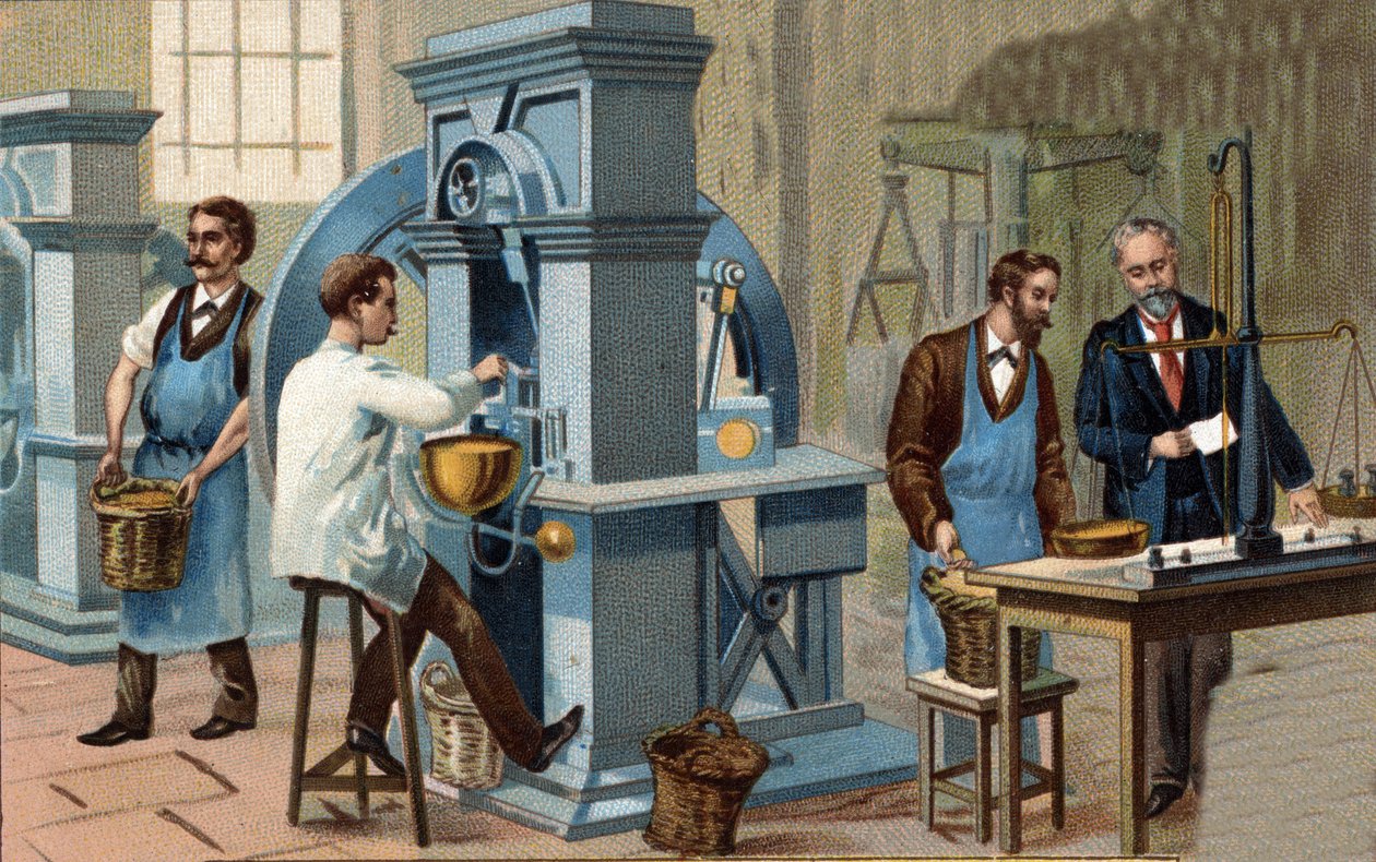 Goldabbau. Münzpräge- und Prüfwerkstatt. Chromolithographie des späten 19. Jahrhunderts. von Unknown artist