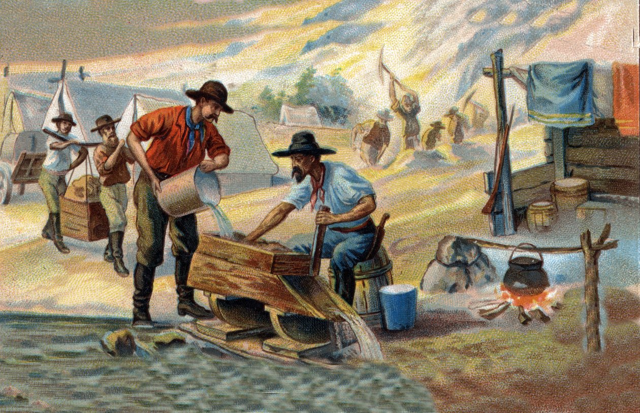Goldsucher: Methode des Waschens von einheimischem Gold, das von Steinen und Sand getrennt wird. Chromolithographie aus dem späten 19. Jahrhundert. von Unknown artist