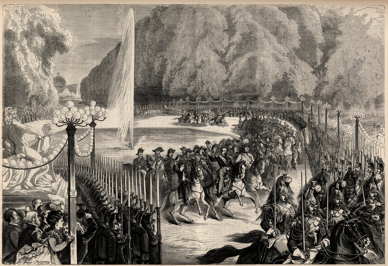 Großes Magazin vom 14. August: Kaiser Napoleon III. (1808-1873), gefolgt von seinem Stab, überquert den Tuileriengarten in Paris. Sein Sohn, der kaiserliche Prinz Eugene Louis Joseph (1856-1879), ist zu seiner Rechten. Gravur in „The Universe illustrious“. von Unknown artist