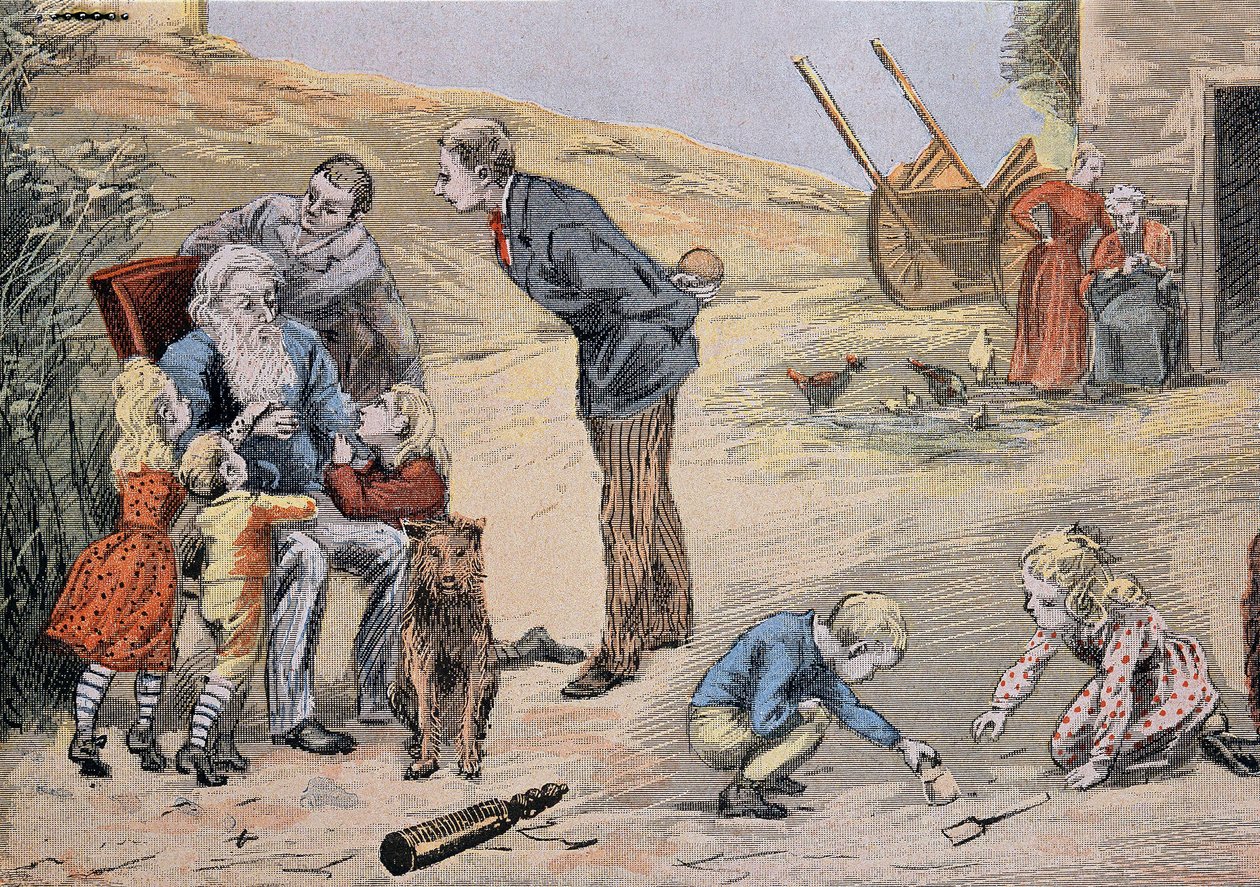 Großvater erklärt den Kindern den Katechismus. In „Großes Album in Farbe zur Erklärung des Katechismus“ von Abbé Maucherde von Unknown artist