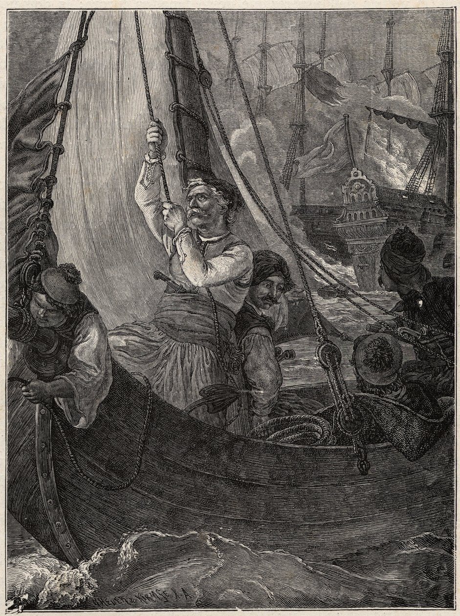 Griechischer Unabhängigkeitskrieg 1821 - 1829: Konstantin Kanaris (Konstantinos Canaris) verbrennt das Flaggschiff der türkischen Flotte vor Chios von Unknown artist
