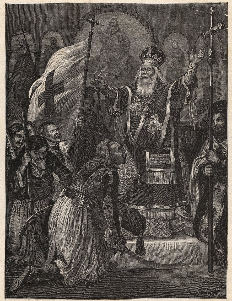Griechischer Unabhängigkeitskrieg 1821 - 1829: Bischof Germanos III. von Alt-Patras (Georgios Gotzias) segnet die Fahne des Freiheitskampfes, Kloster Agia Lavra, 21. März 1821 - Gravur nach Gemälde von Unknown artist